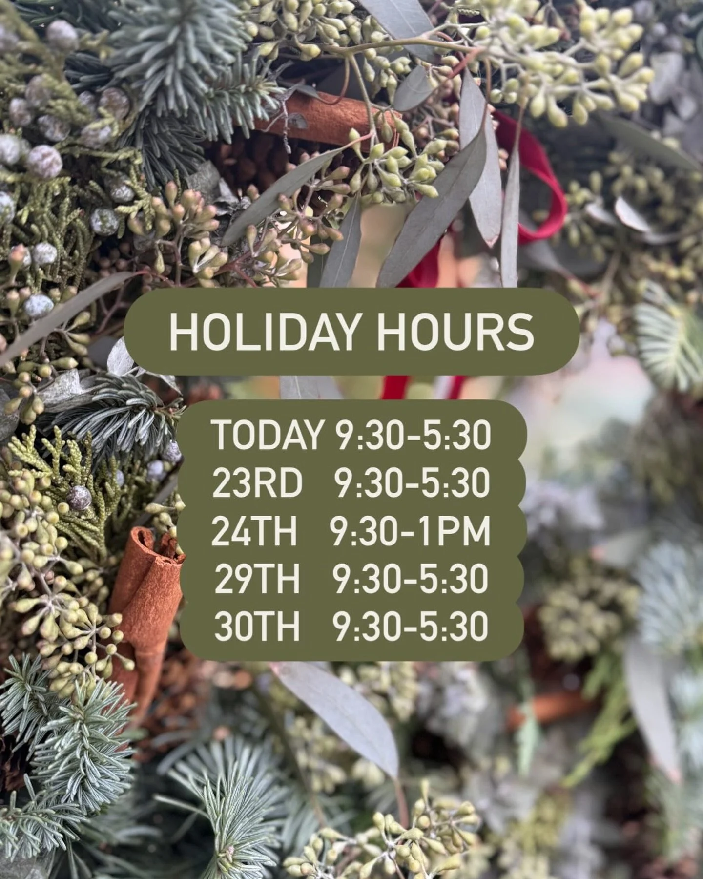It&rsquo;s feeling like Christmas! Only 3 days away! 

We&rsquo;re open a bit longer this year for all your last minute gift giving! 🎁 

We have fresh greenery to decorate your home, candles, cute ornaments, gift cards, arrangements- all perfect for