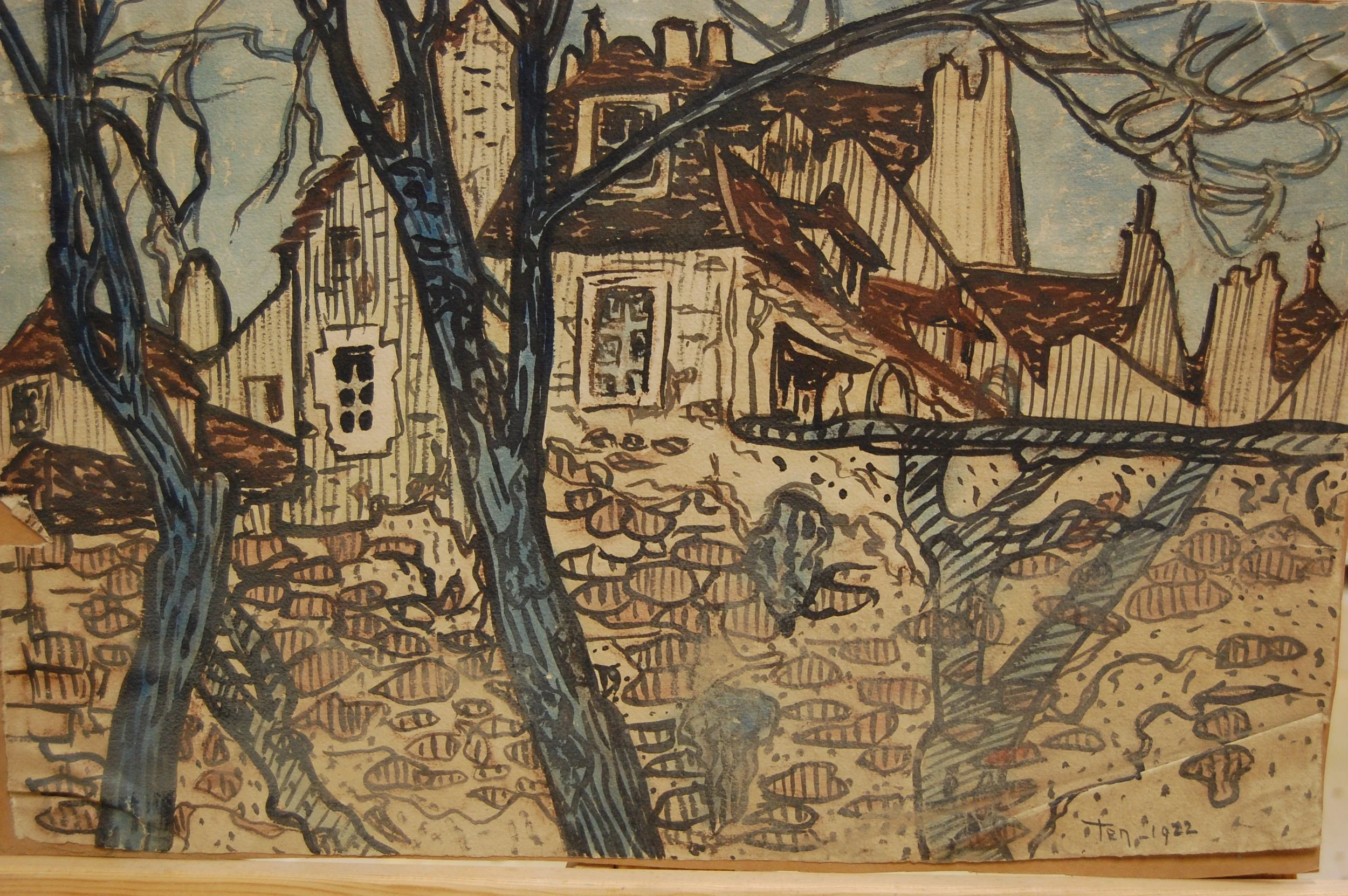 Vieilles Maisons, Gouache et encre de Chine sur papier, 1925