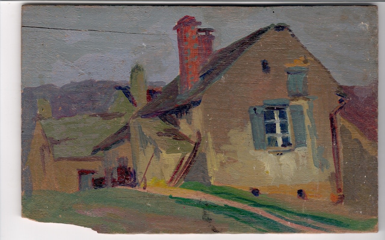 Hélène Guinepied, maison de village au toit de tuiles, huile.