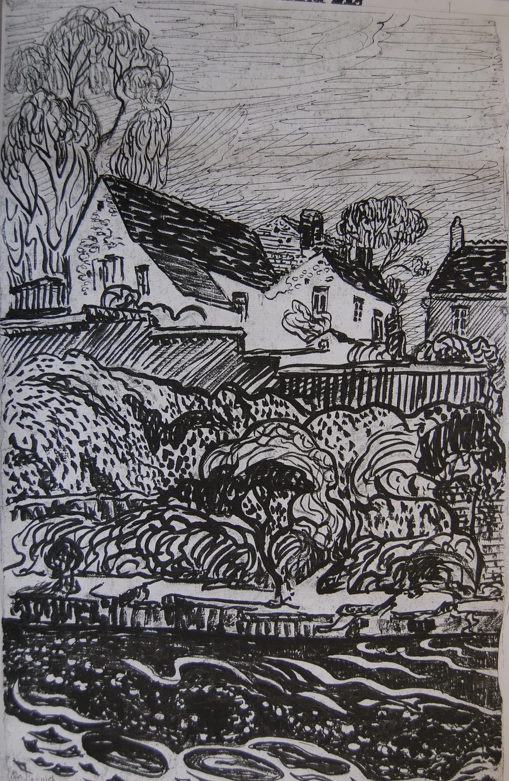 Hélène Guinepied, maisons au bord de l'eau, encre de Chine, Inv. P2-29