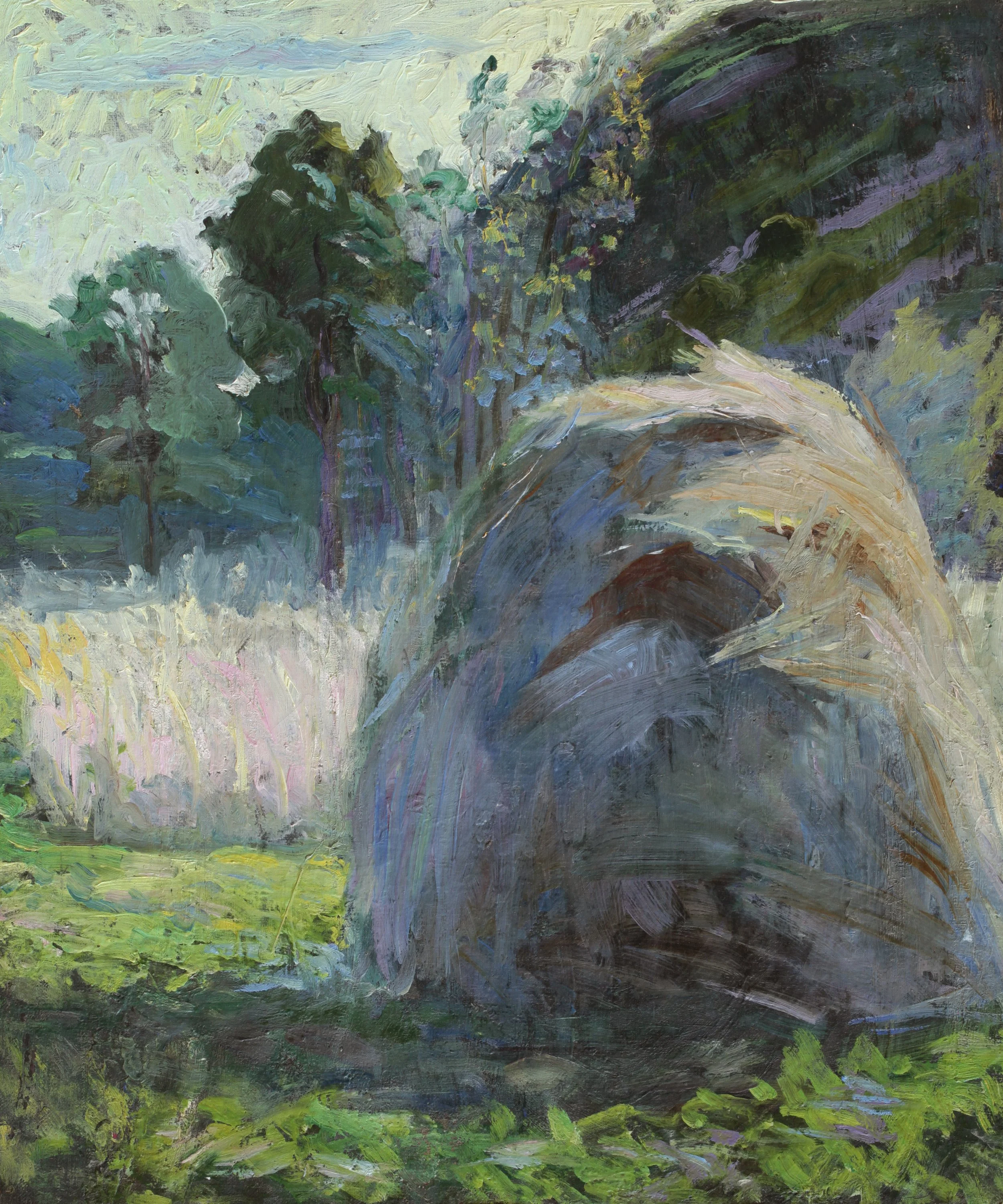 Hélène Guinepied, arbre et chemin en sous-bois, huile.