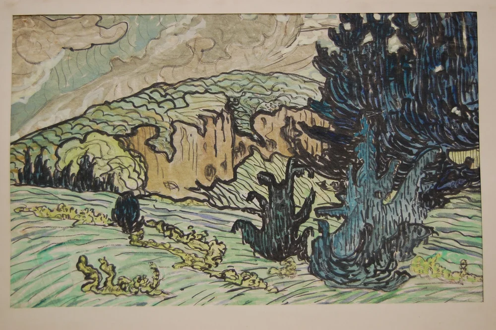 Hélène Guinepied, paysage de falaises, aquarelle et encre de Chine, Inv. P2-47