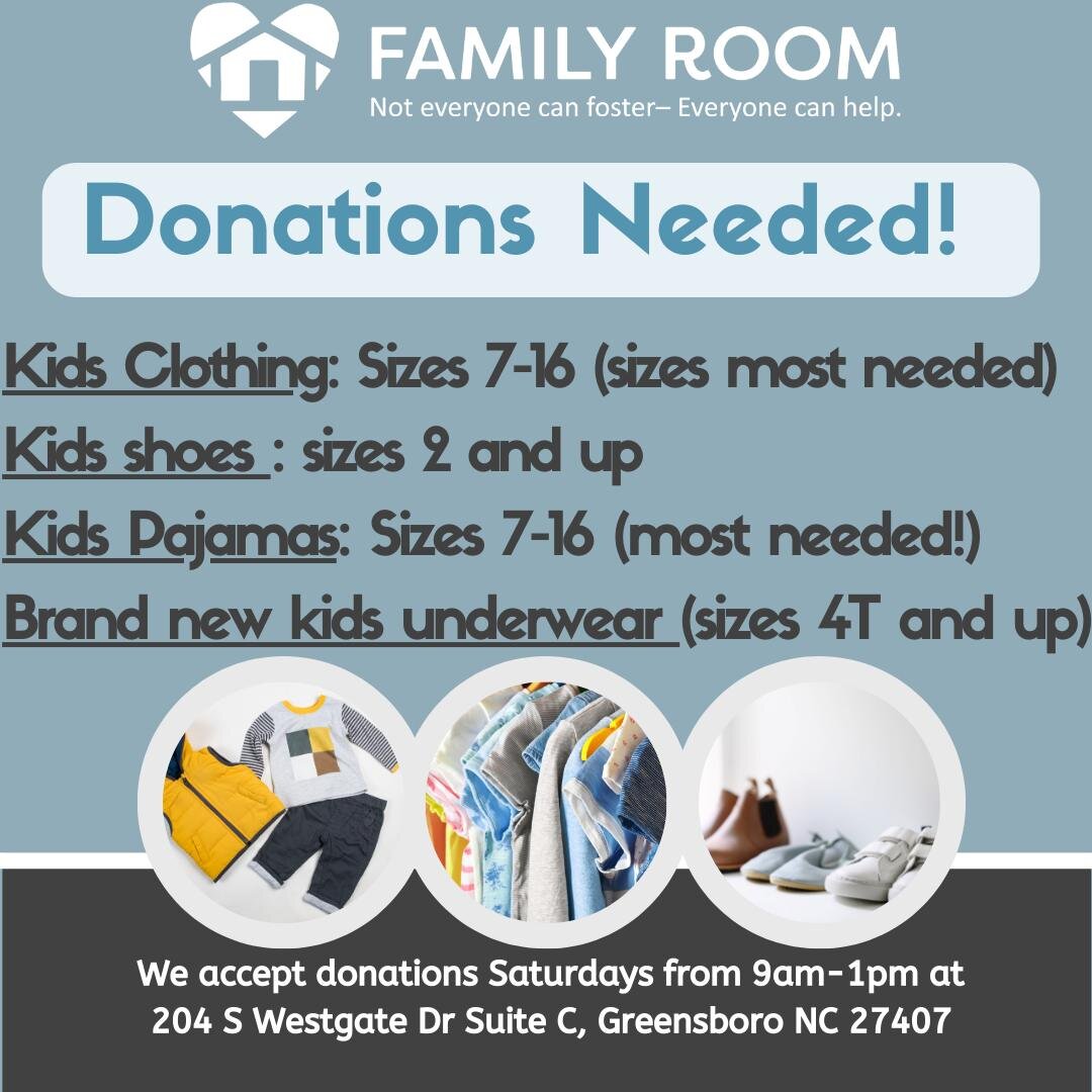 We are in great need of the following items!!

-Kids clothing and pajamas sizes 7-16! Especially summer clothing. 
-Shoe sizes 2 and up. 
-Brand new children's underwear sizes 4T and up. 
**If interested in purchasing the childrens underwear to bless