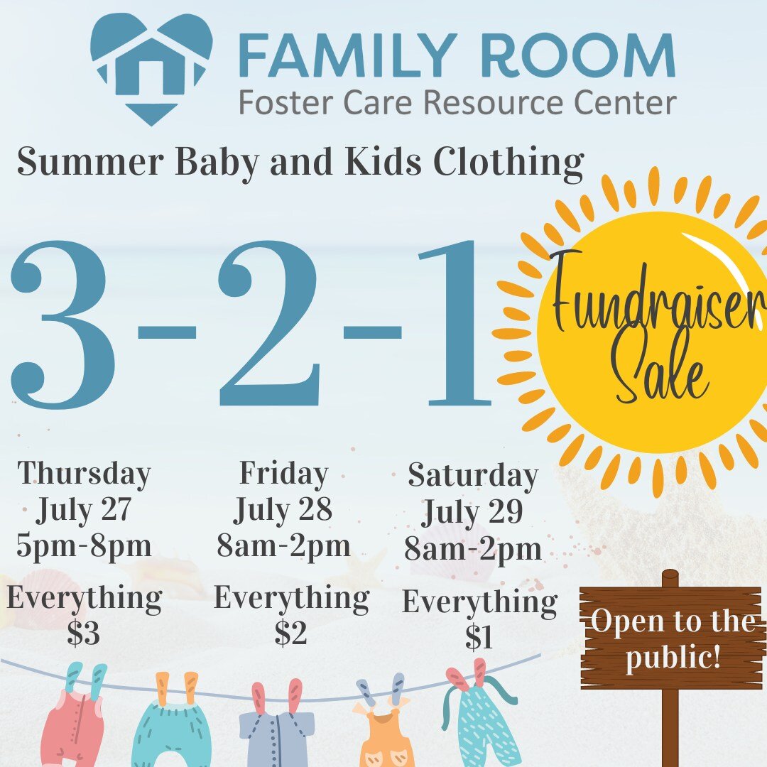 We know you have all been waiting for this announcement!! Save the dates!! 

3-2-1 Summer Fundraising Sale! 
Summer Baby and Kids Clothing Sale 

(Sizes Newborn-Kids 14/16) We accept card &amp; cash! 

Thursday, July 27th  2023. 5pm-8pm ($3)

Friday,