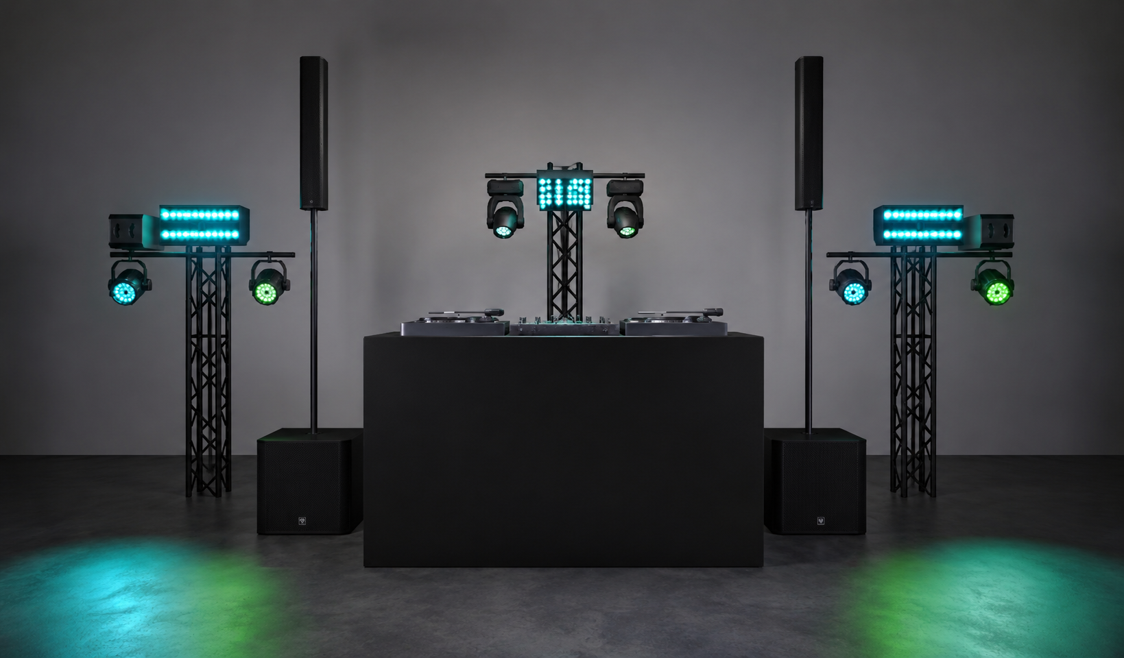 3D ontwerp van DJ-booth met lichtinstallatie en speakers.