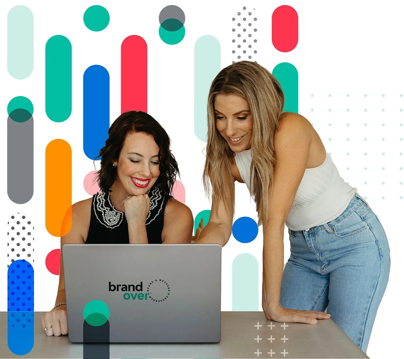 Aynsley Campbell at her laptop with Lisa Greensill collaborating on financial adviser marketing
