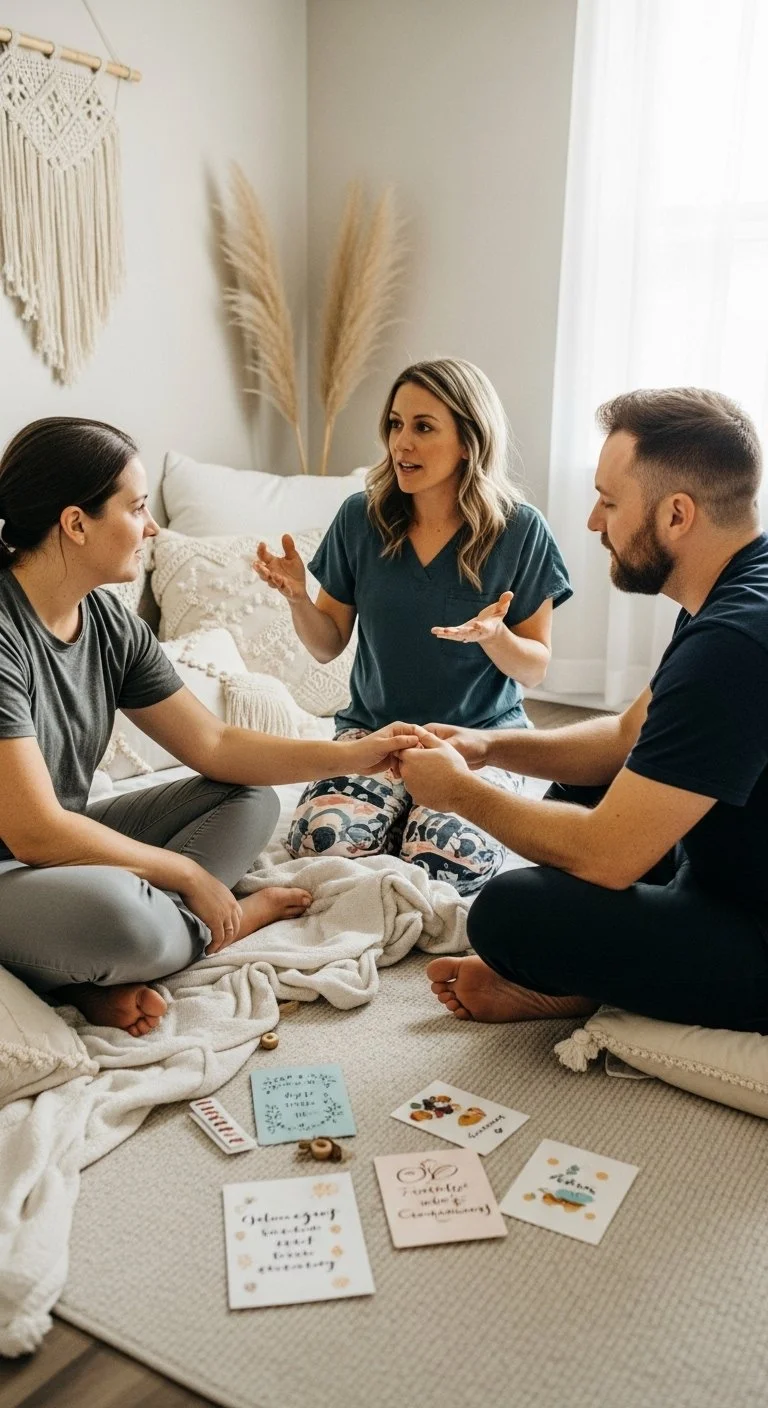 A woman is counseling or giving advice to a young woman and a young man who are sitting on a bed, holding hands, in a cozy bedroom with blankets, pillows, and decorative dried plants in the background. Cards and small tokens are spread on the floor in front of them.