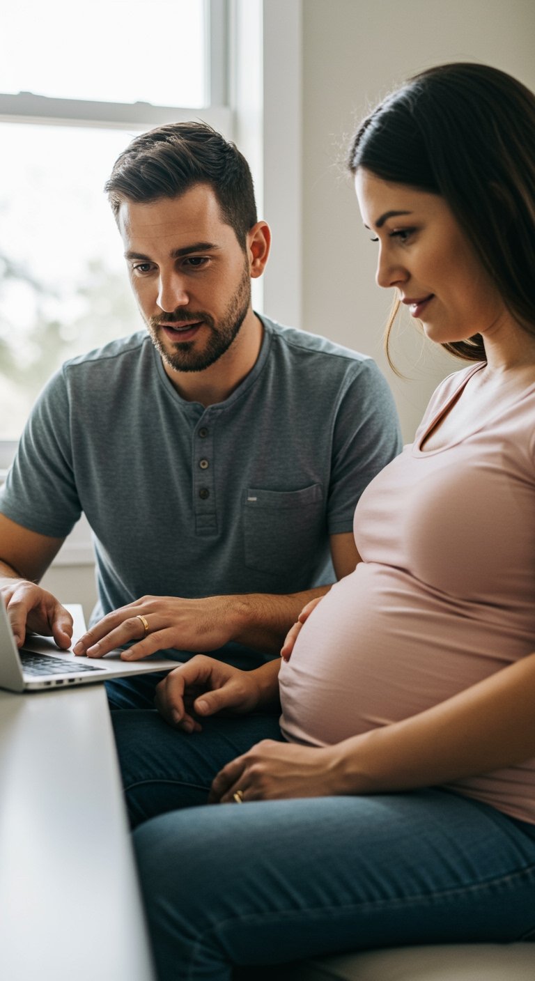 A man and a pregnant woman sitting together inside near a window, looking at a laptop screen.
