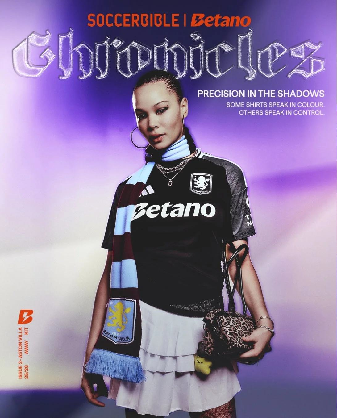 SoccerBible x Betano campaign portrait featuring model in Aston Villa kit with scarf styling photographed by Radhika Muthanna