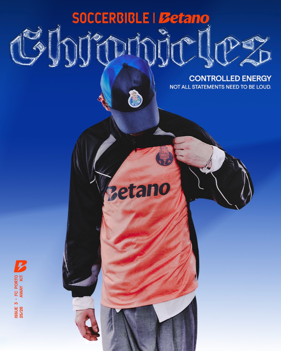 SoccerBible x Betano campaign portrait featuring model in FC Porto kit with blue styling photographed by Radhika Muthanna