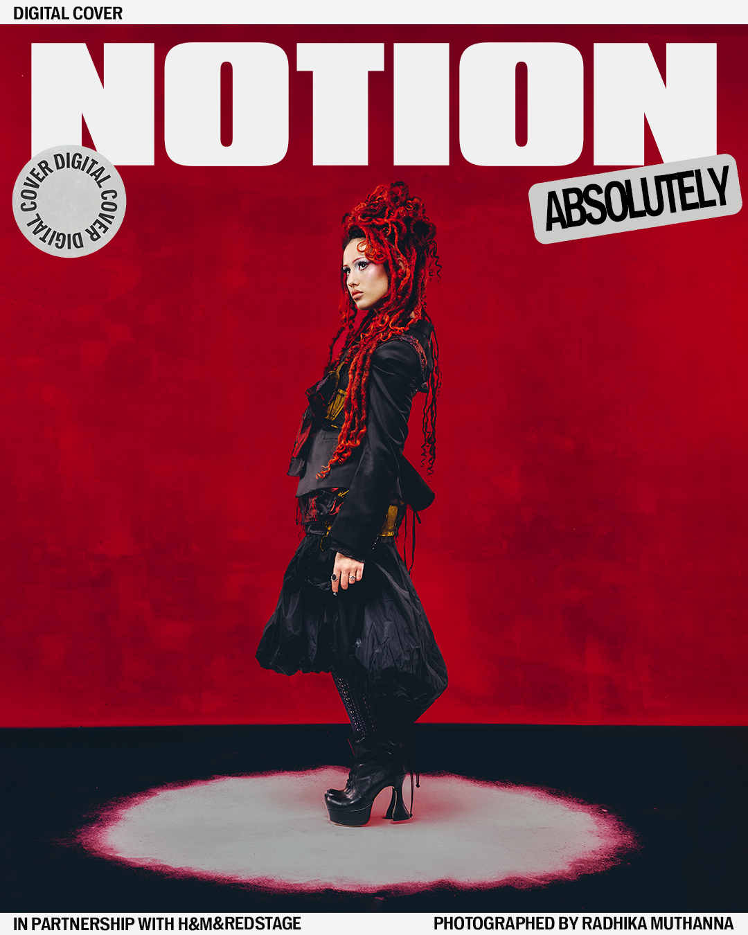 Notion magazine digital cover featuring model with red braided hair in black avant garde styling against red background
