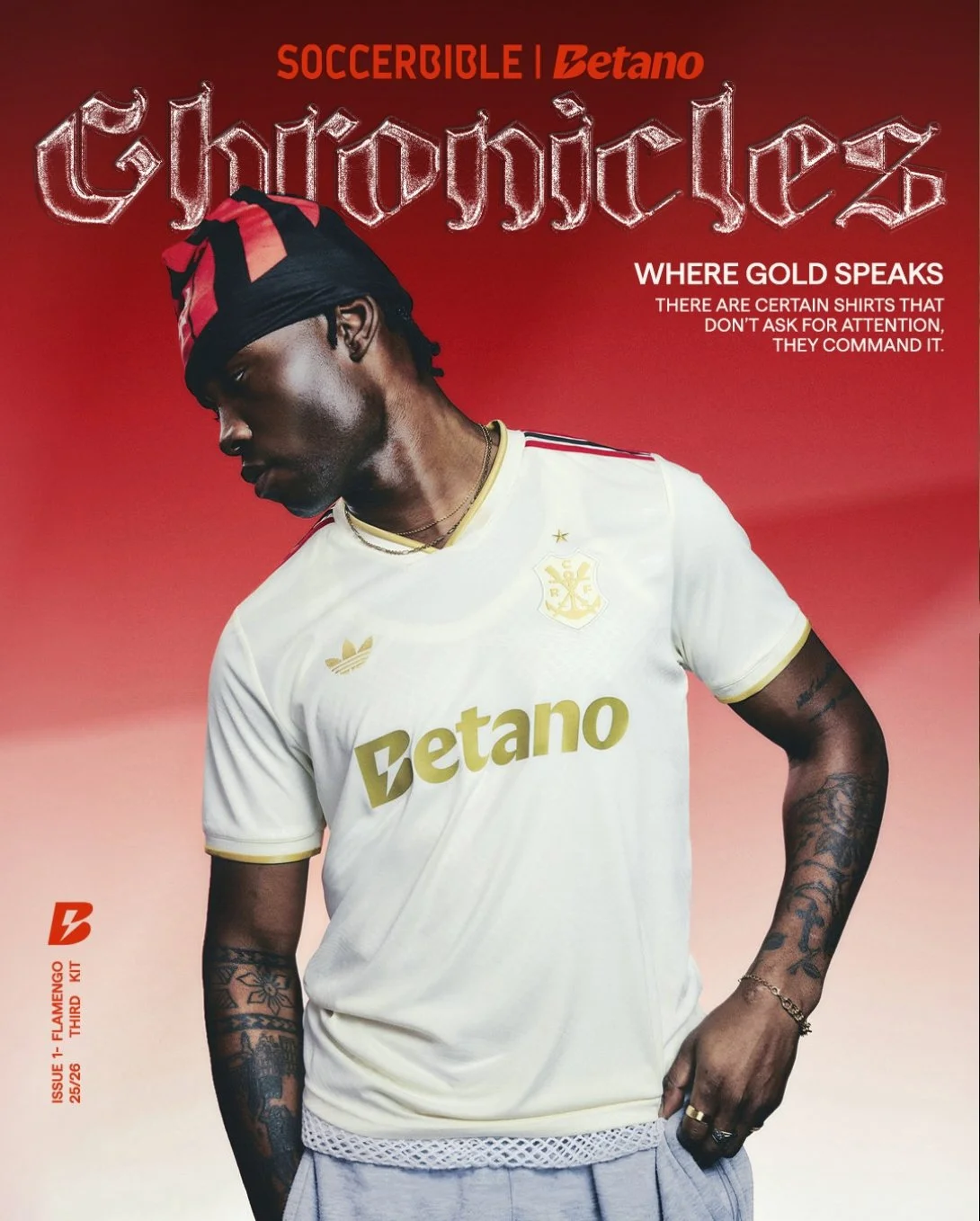 SoccerBible x Betano campaign portrait featuring model in Flamengo kit with gold detailing photographed by Radhika Muthanna
