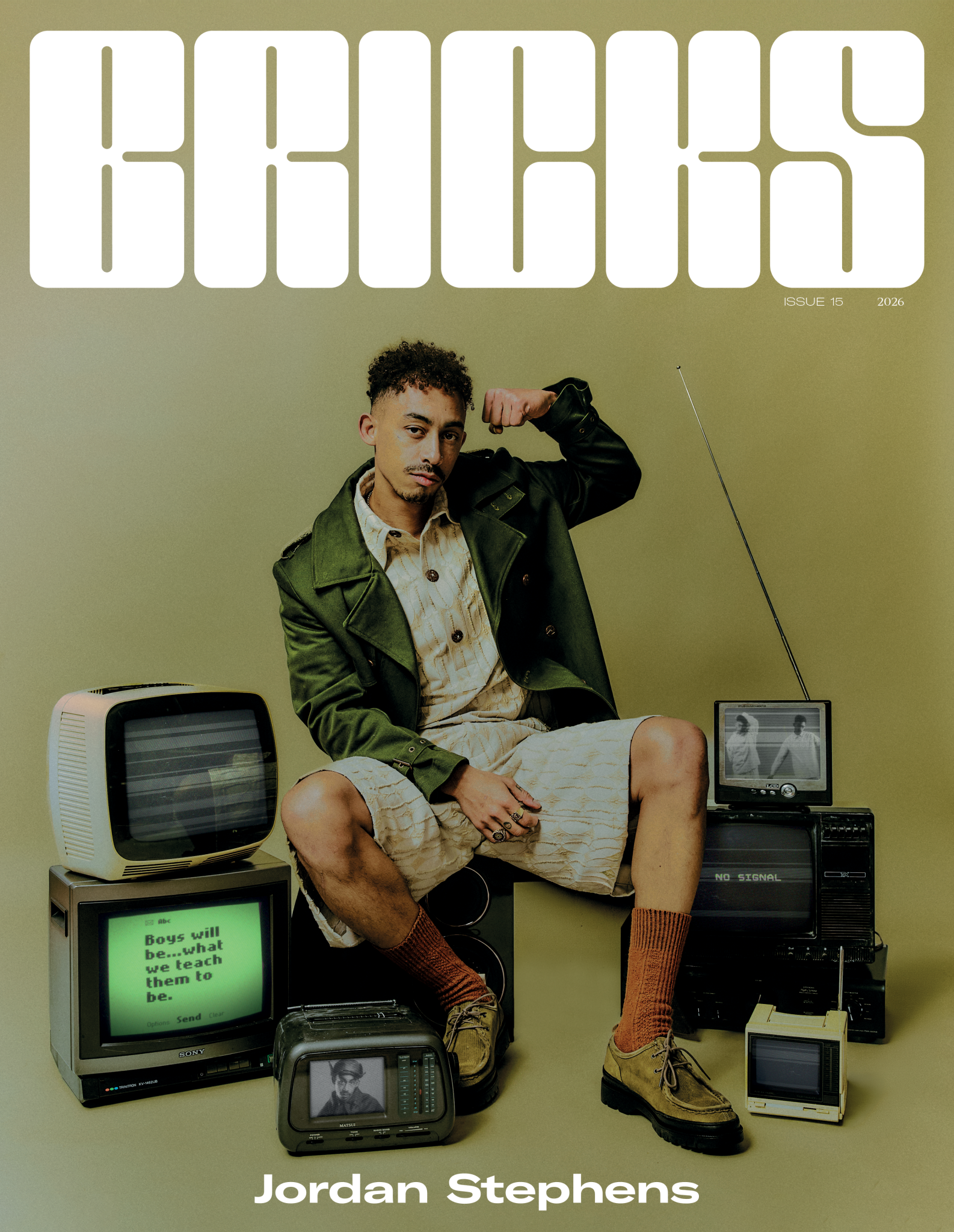 Bricks magazine cover featuring Jordan Stephens in editorial portrait with vintage television props photographed by Radhika Muthanna