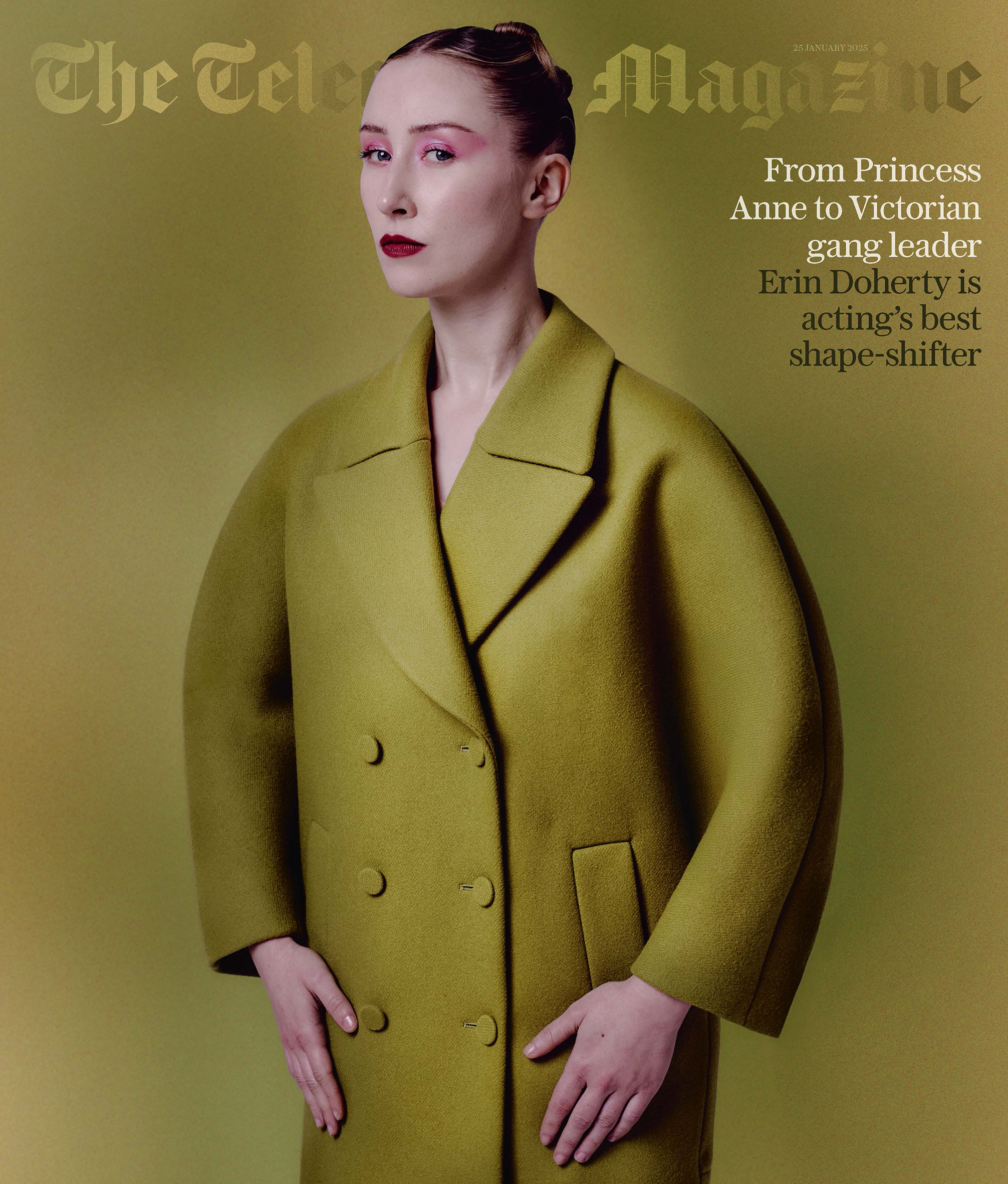 The Telegraph Magazine cover featuring Erin Doherty in sculptural green Gucci coat portrait photographed by Radhika Muthanna