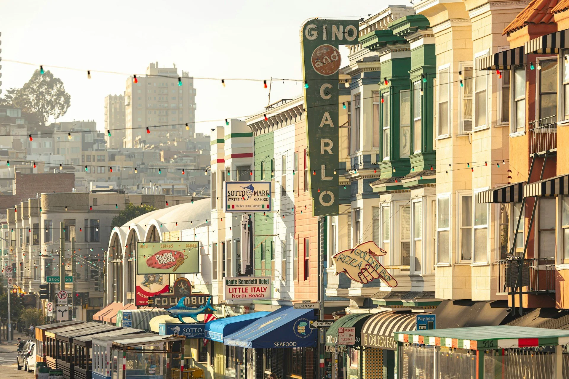 Busy street with lots of businesses and signage for each one