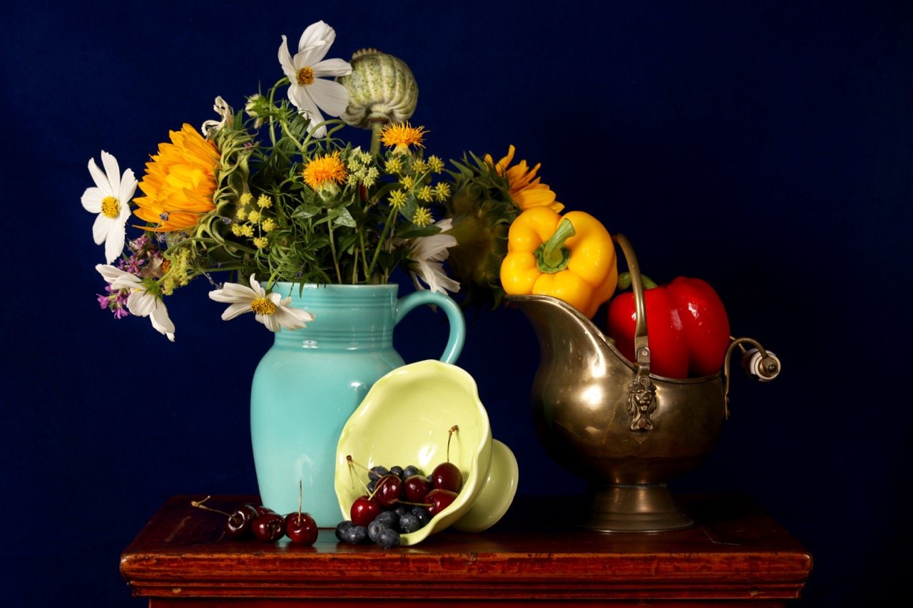 Still Life with Flowers, Fruit, and Blue Jug