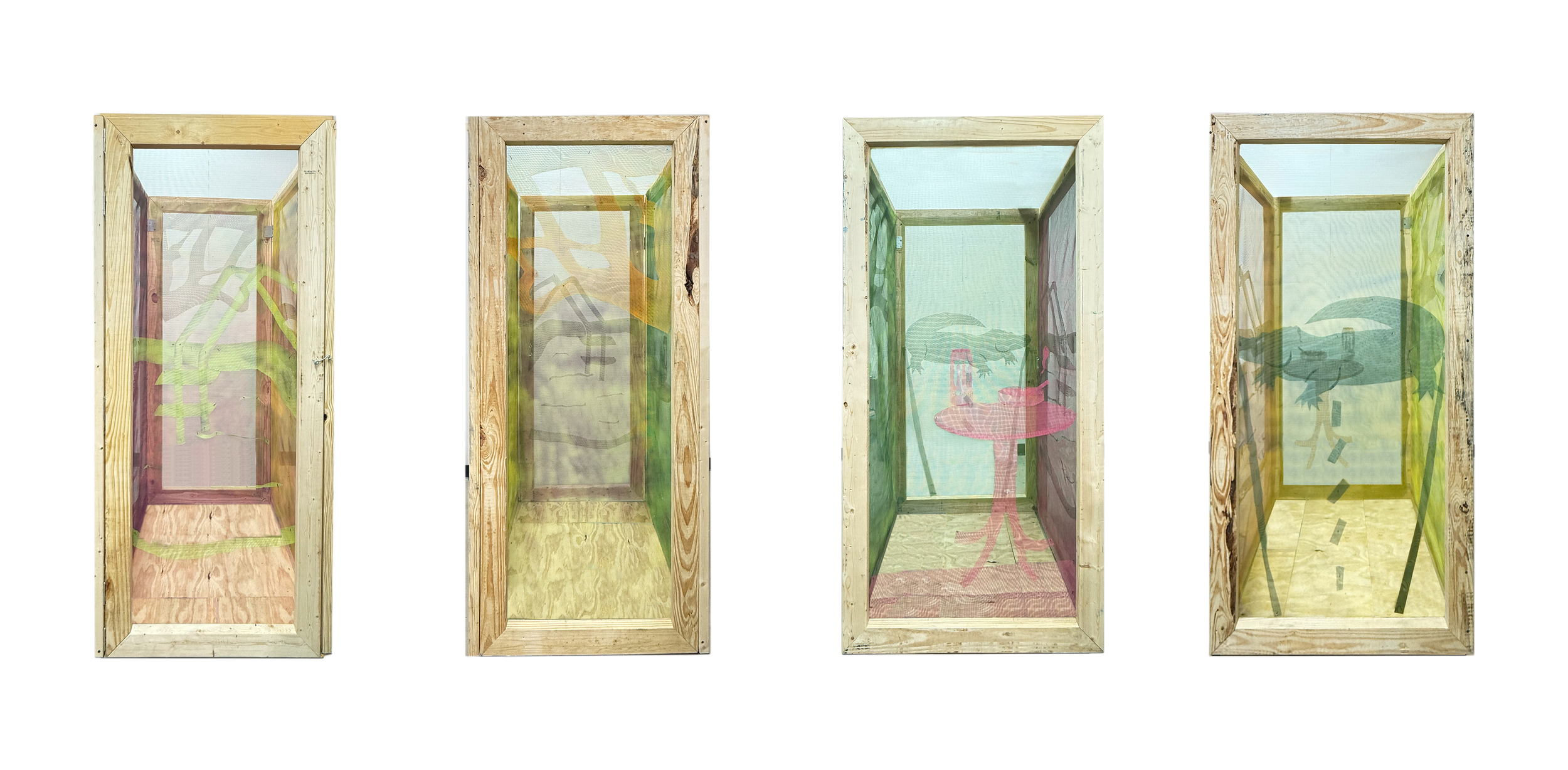 "Florida Room", Wood, hardware, insect screen, spraypaint, 6' x 2.5' x 3', 2025

