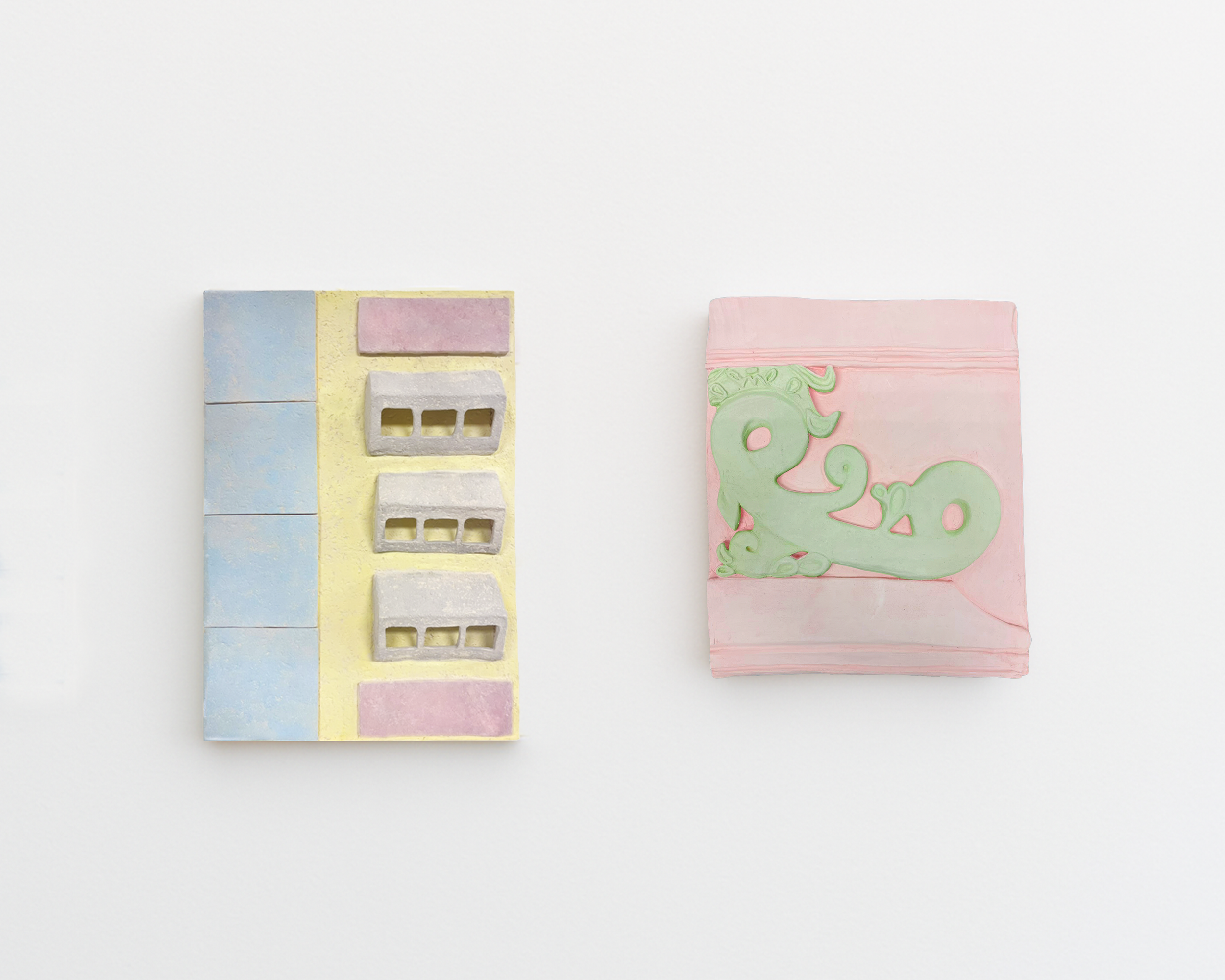 "Hard Candy" and "Ornamental Rental" (2025), Ceramic Wall Sculptures