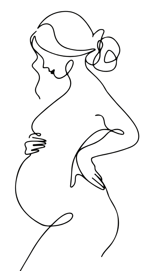 Line drawing of a pregnant woman with her hand on her stomach, representing myofascial release for pregnancy and postpartum.