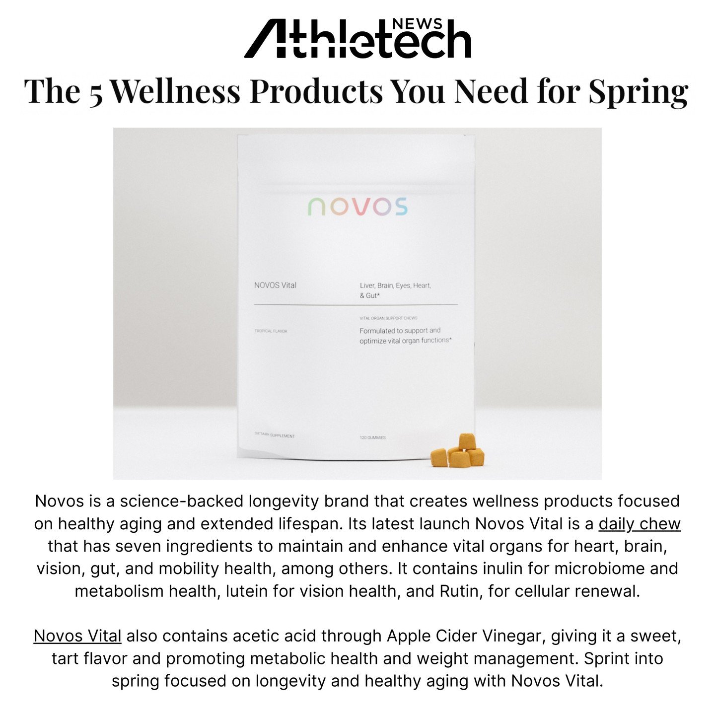 @athletechnews News recognized @novoslabs Vital Daily Chew as a must-have product for any fitness and wellness enthusiast, supporting seven key organs for ultimate vitality.