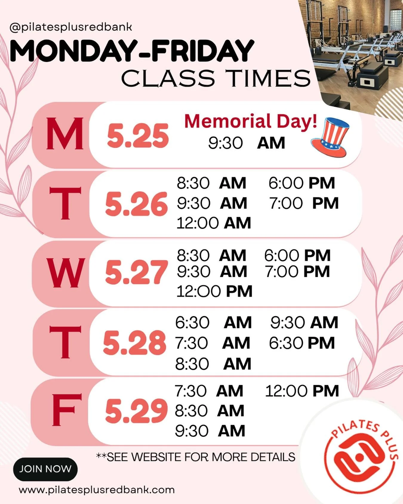 Last week of May!! 💖

Hoping for some better weather ☀️ 

Join us this week for some pilates classes! Don&rsquo;t forget tomorrow is Memorial Day! Limited hours.

Hope to see you there! 

Link in bio 

#reformerpilates #redbank #pilatesplus