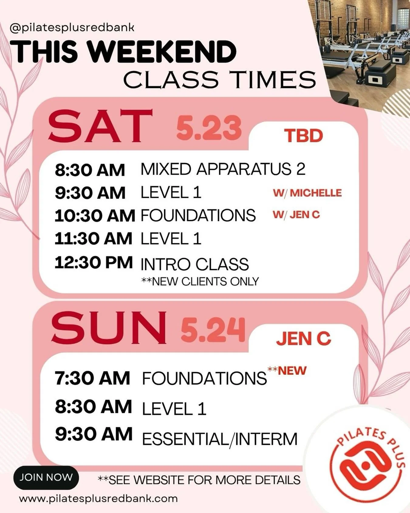 MEMORIAL DAY WEEKEND IS HERE!! ✨ 

Start it off with some reformer pilates with us! 

Starts with Michelle at 8:30/ 9:30 and continues with Jen C at 10:30 til end of day! 

Hope to see you there 😎 

#reformerpilates #redbank #pilatesplus