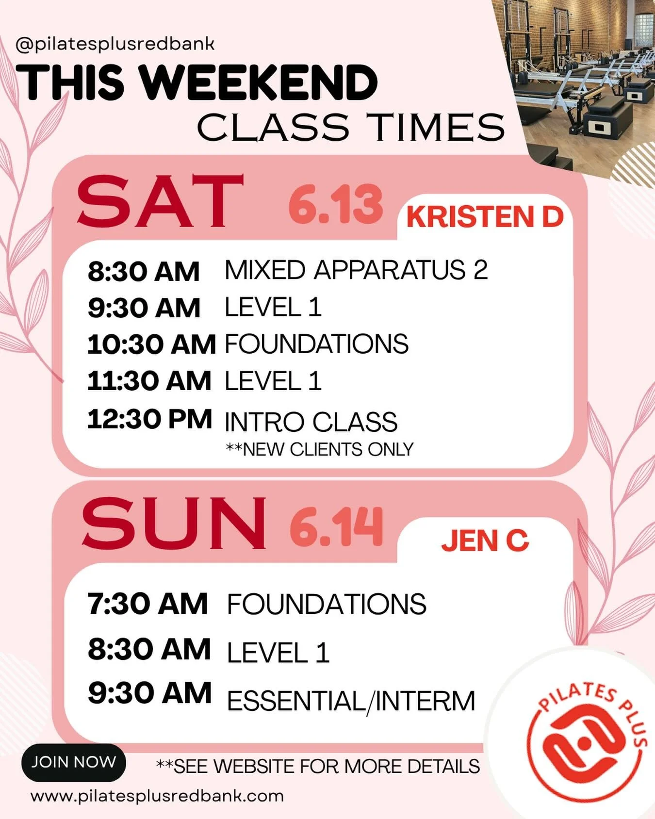 Ready to workout this weekend? 🧘&zwj;♀️ 

Join our awesome instructors for some fun! Register while spots are available! 💖 

Link in bio!

#pilatesplus #reformerpilates #redbank