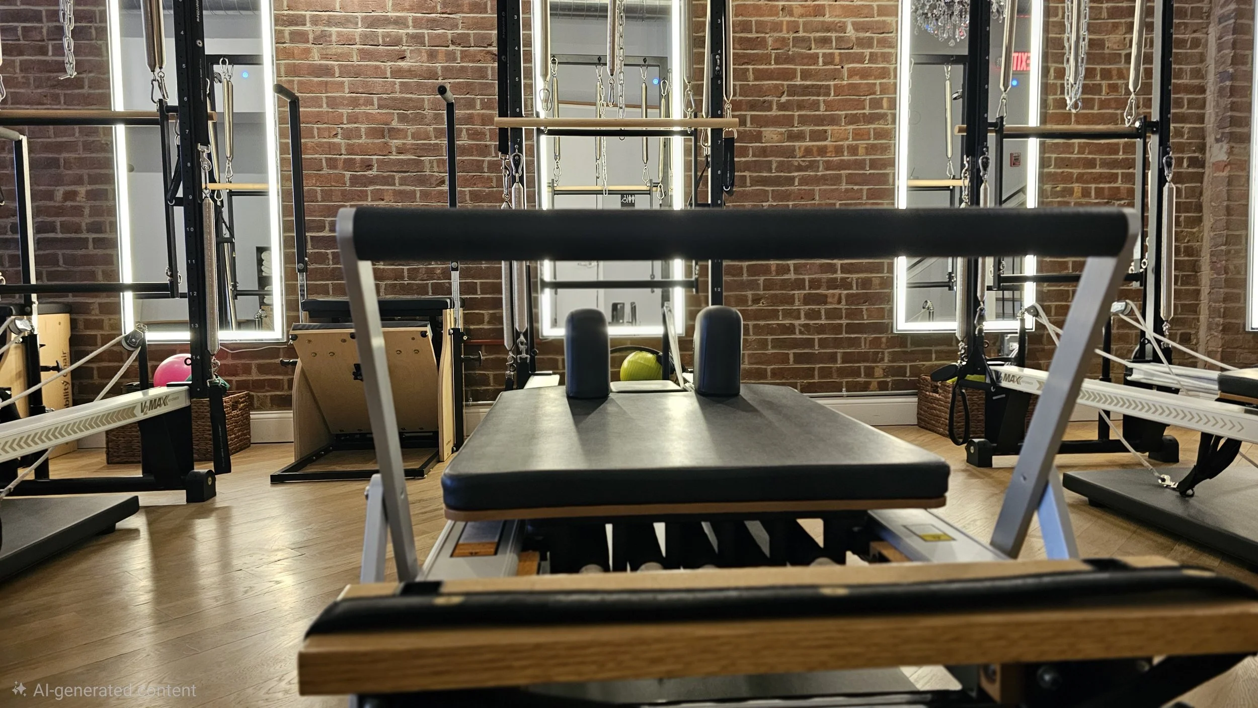 Pilates Merrithew reformer with and metal frame in a Pilates studio with brick wall background, mirrors, and various exercise equipment.