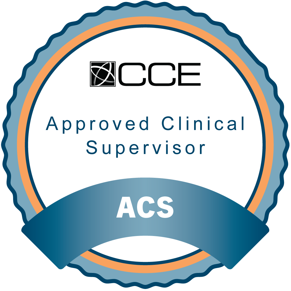 A badge with a scalloped edge, white background, and blue, orange, and navy border. It features the logo 'CCE' at the top, the text 'Approved Clinical Supervisor,' and a blue ribbon with the letters 'ACS' at the bottom.