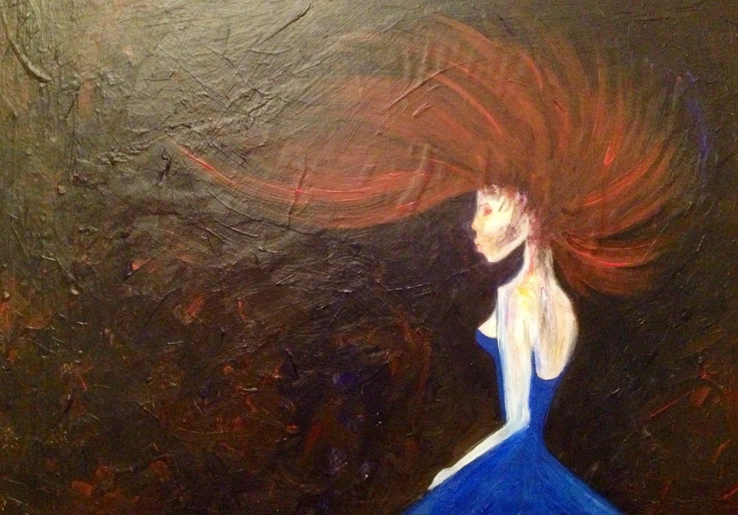 An abstract painting of a woman with long flowing reddish hair, wearing a blue dress, against a dark textured background.