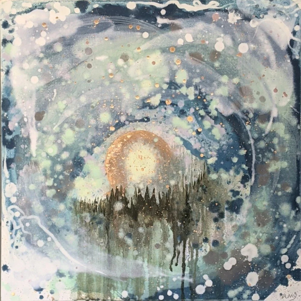 Abstract painting with swirling blue, green, and white colors, with a central bright circular shape resembling a sun or moon, surrounded by splatters and drips of paint, creating a cosmic or mystical scene.