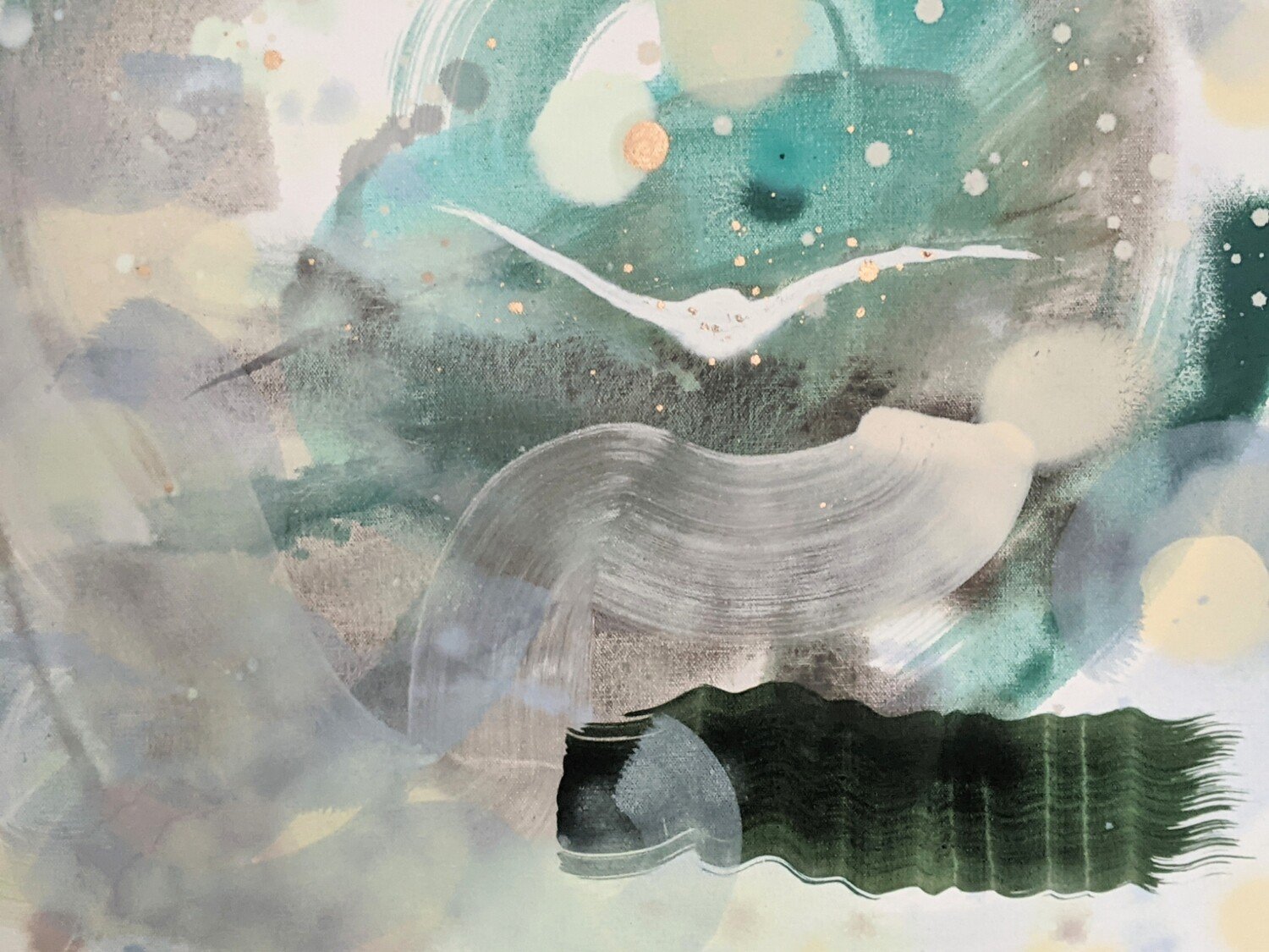 Abstract watercolor painting with splashes of mint green, white, black, and pale yellow, featuring swirling brushstrokes and scattered dots.