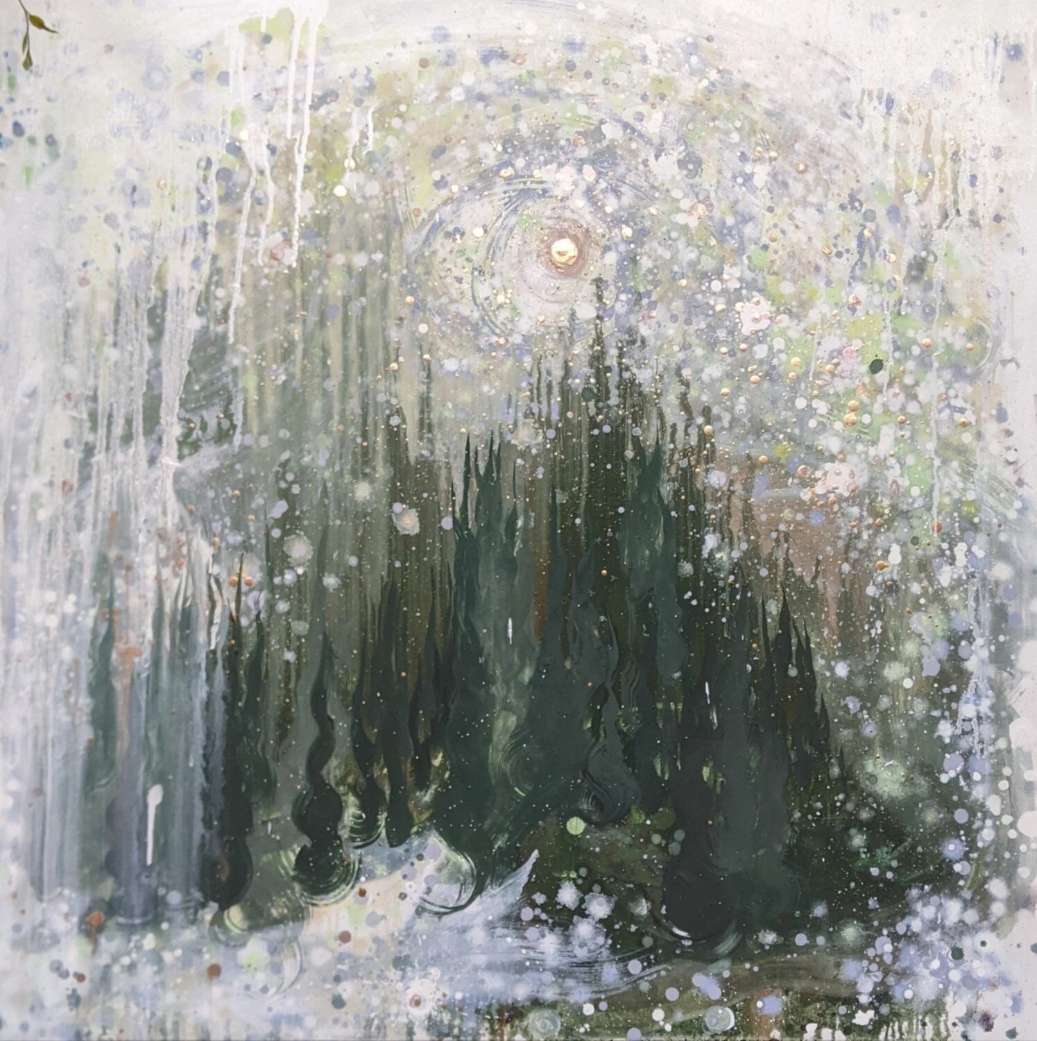 Abstract painting of a green mountain range with a luminous sky, depicted with vibrant splashes of light colors and paint drips.