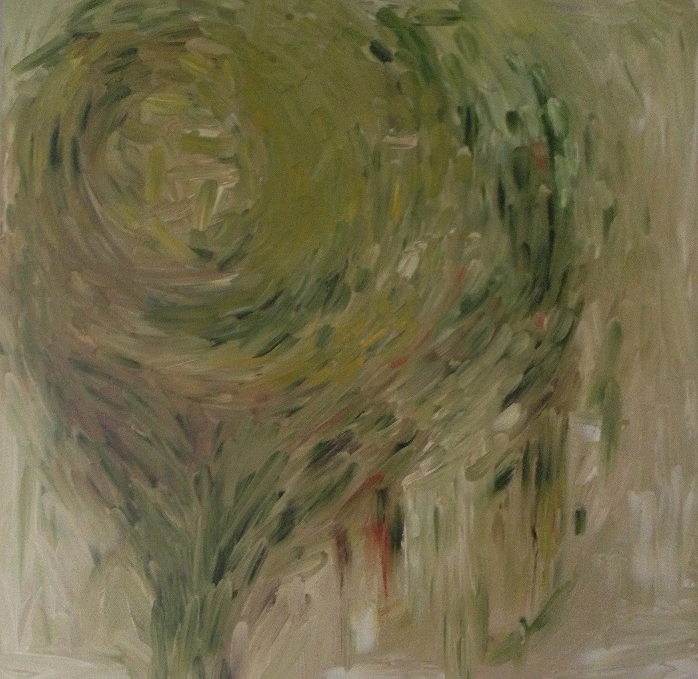A spiral-shaped abstract painting with swirling brushstrokes of green, yellow, and hints of red and black.
