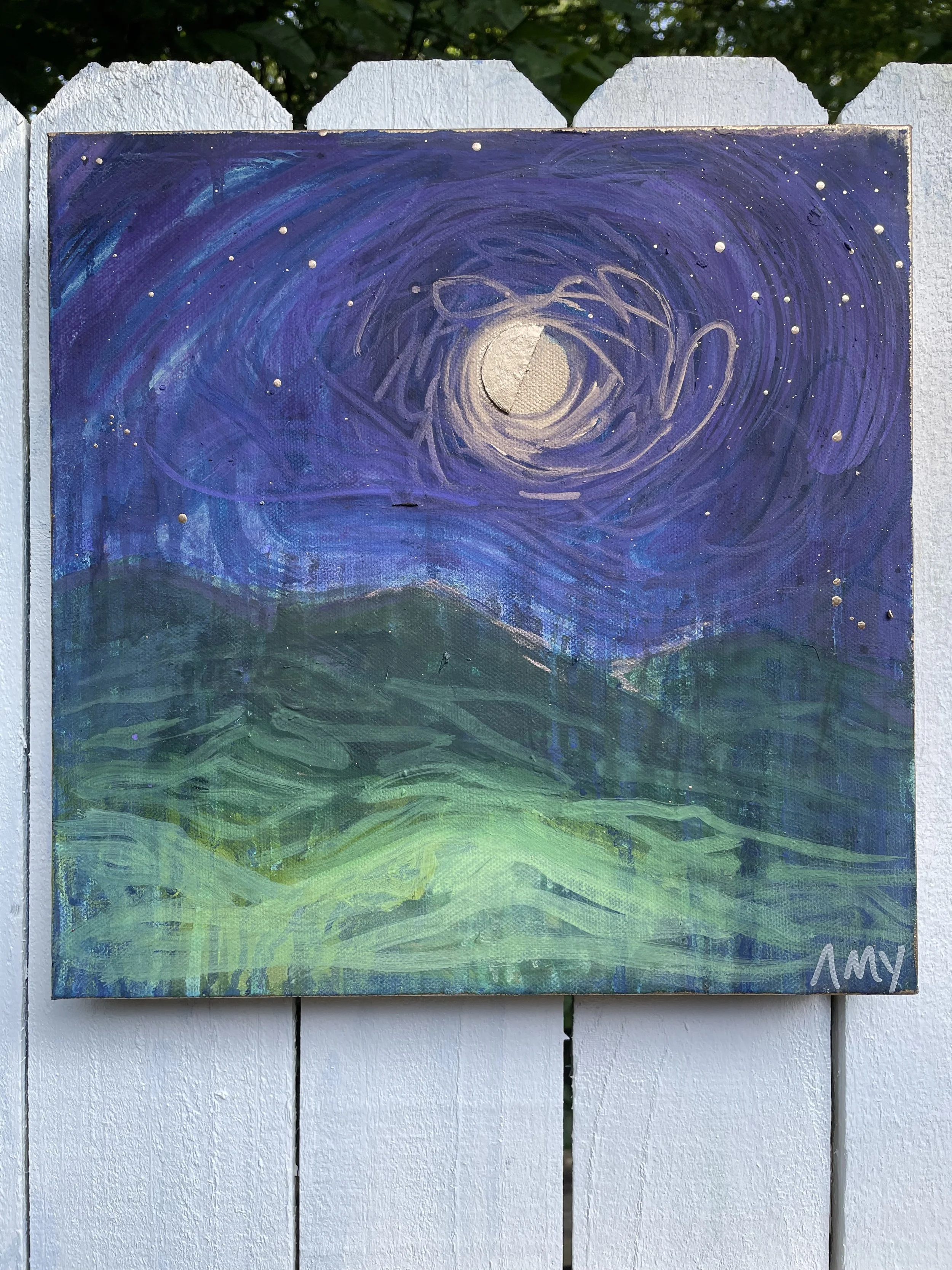 A painting inspired by Vincent van Gogh's Starry Night, depicting a swirling night sky with stars and a moon over green rolling hills.