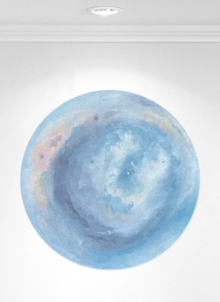Abstract oil painting of the moon on a white wall.