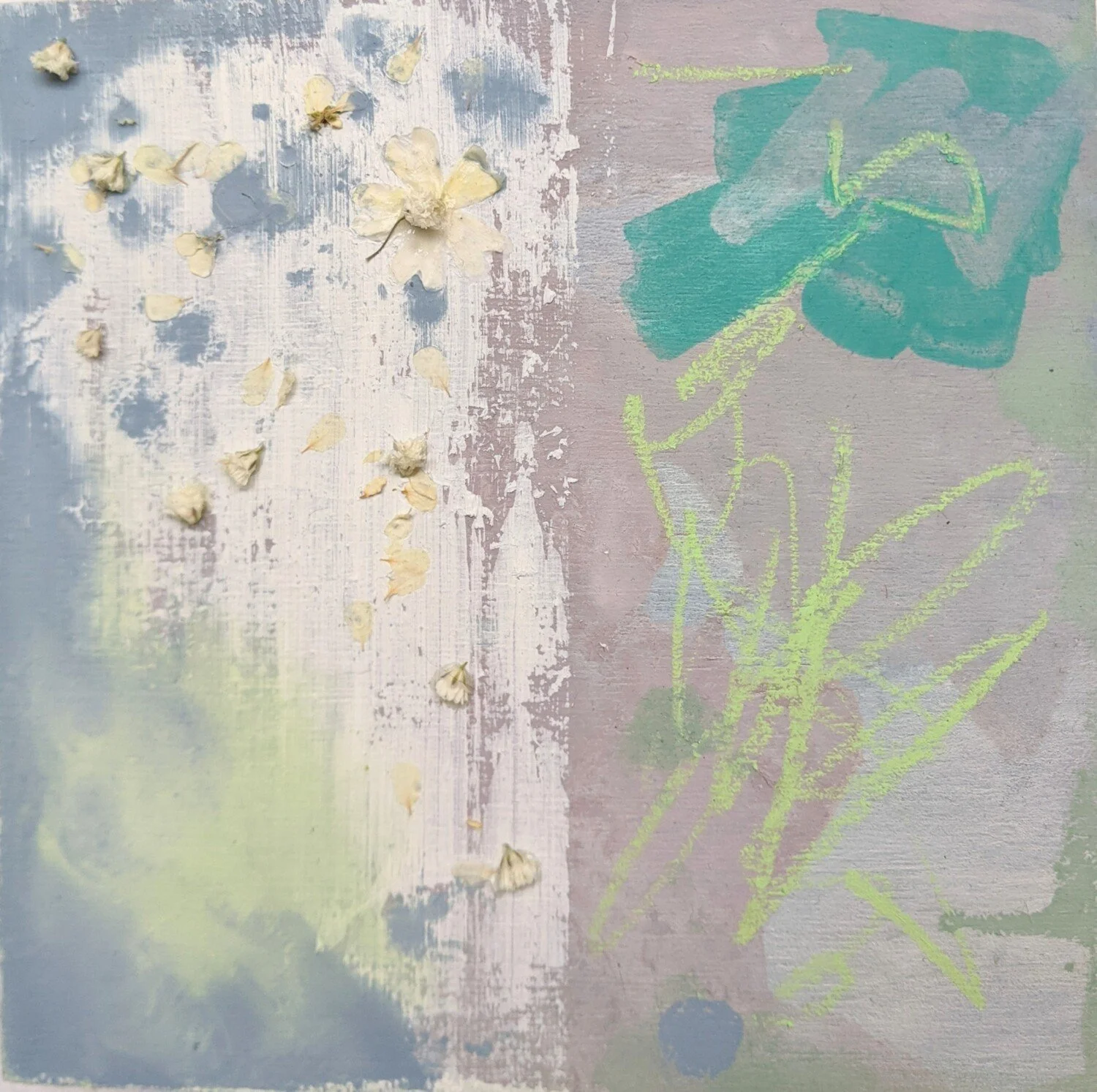 Abstract painting with pastel colors, featuring scattered white flowers on the left side and a faint, childlike green and blue drawing of a flower and grass on the right side.