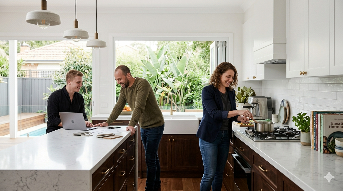 Modern kitchen renovations Sydney featuring white shaker cabinets and stone benchtops.