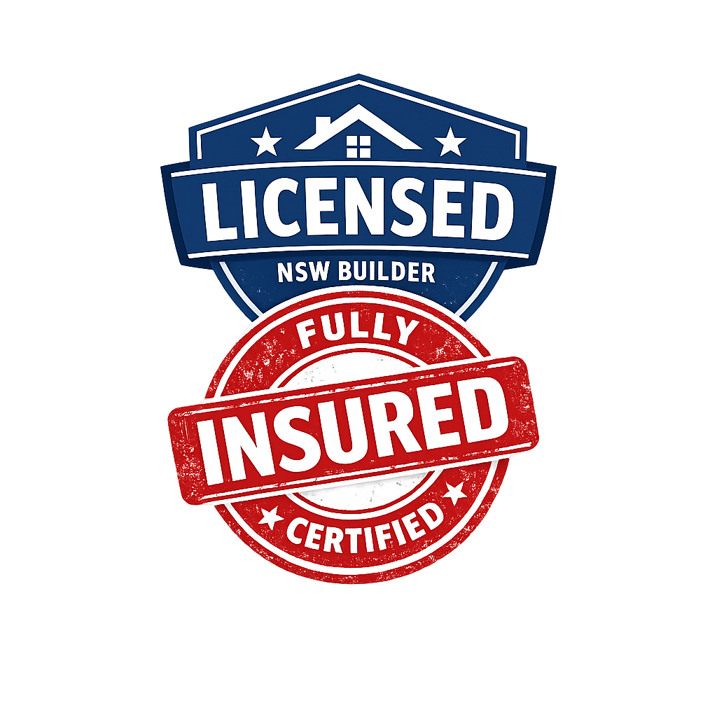 Blue license badge with white text and house icon that reads 'Licensed NSW Builder' and a red stamp that reads 'Fully Insured Certified'.