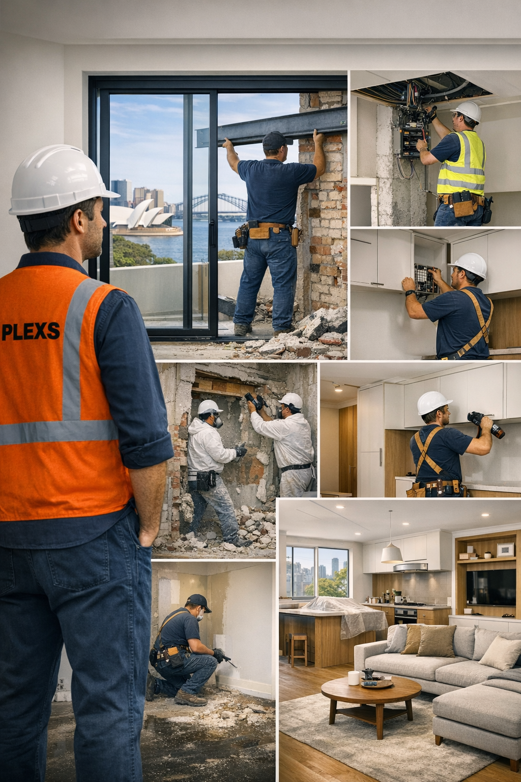 Construction workers renovating and repairing a residential apartment, with some working on walls, electrical wiring, and demolition, and completed interior view of a living room and kitchen.