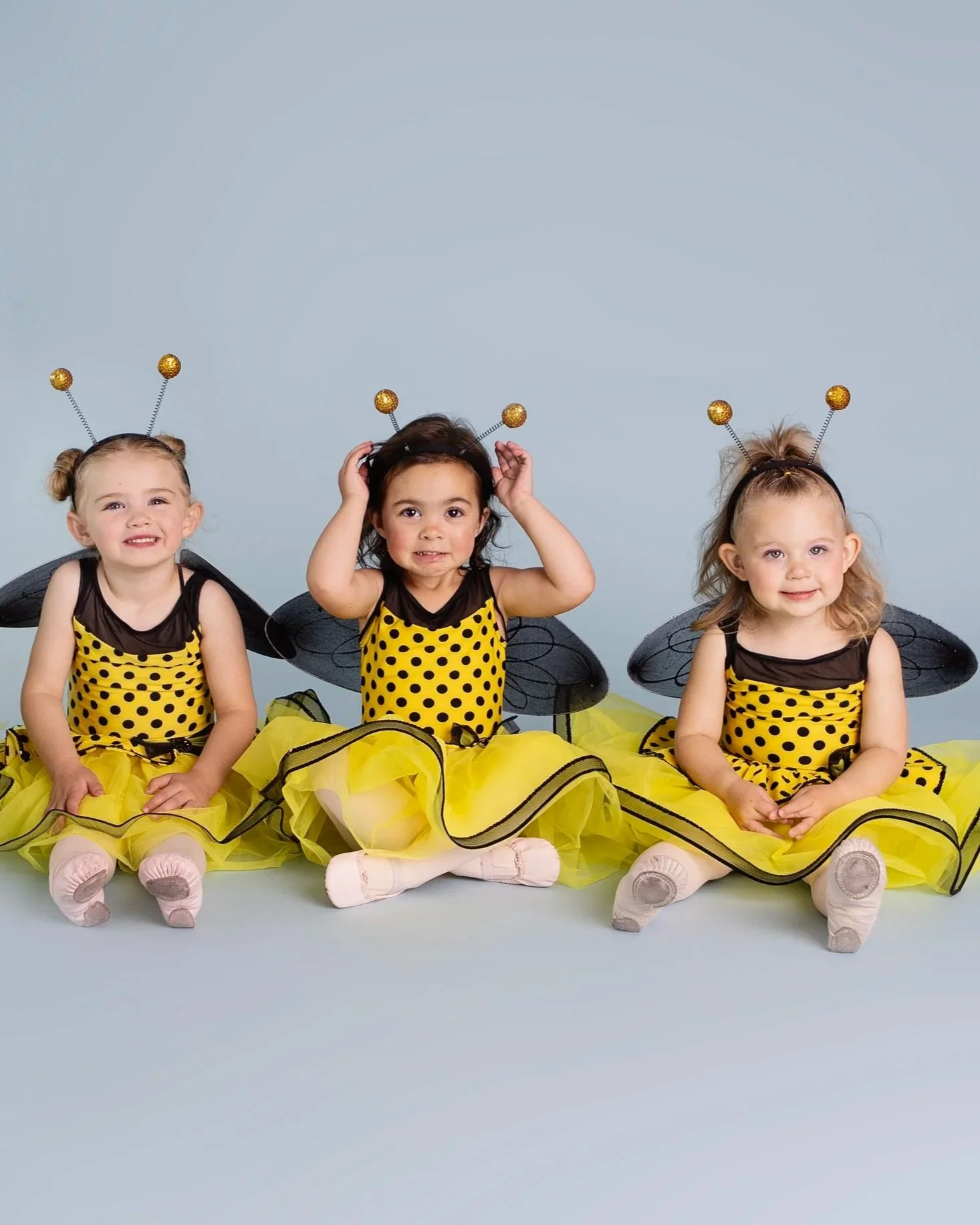 Four young girls dressed as bees in yellow and black costumes with antennae headbands, black wings, and yellow tutus, sitting and posing on a light blue background.