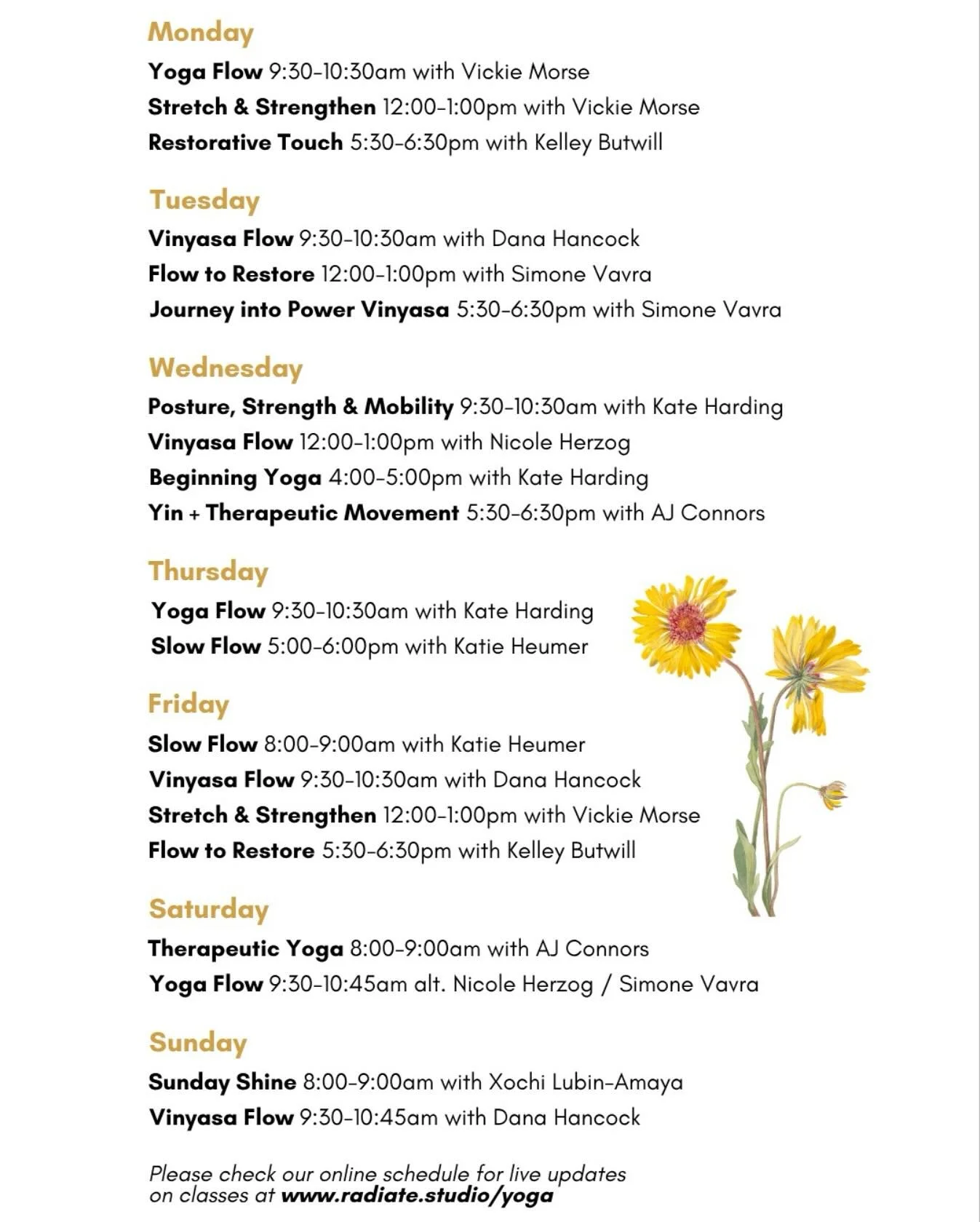 Current weekly schedule 🌻💛🌼🌞

Register for class at the link 🔗 in bio or visit:
www.radiate.studio/yoga 

Class passes &amp; memberships available ✨
Questions? Email us hello@radiate.studio 

#sebastopolcalifornia #sonomacounty #westcounty #sono