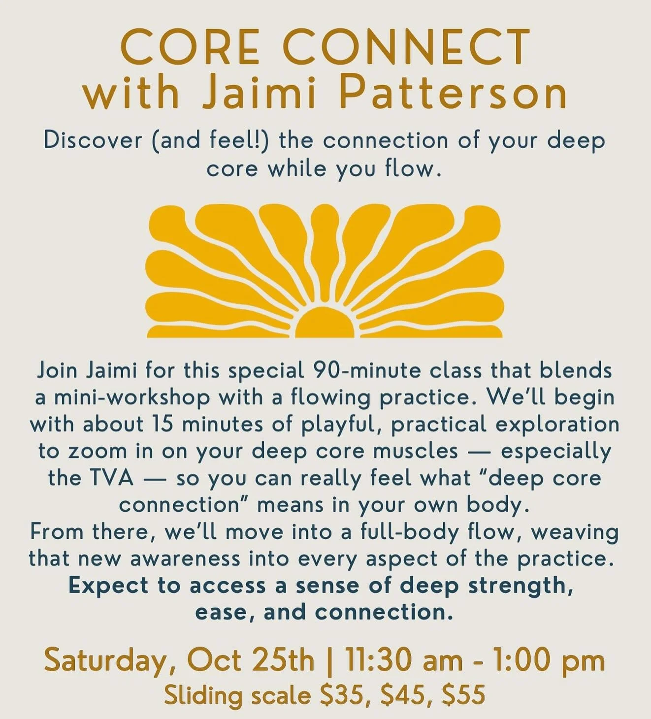 This Saturday with @jaimipatterson at Radiate 🌞

90-minute class that blends a mini-workshop with a flowing practice. Expect to access a sense of deep strength, ease, and connection. 

Sat, Oct 25th 11:30 am - 1:00 pm 
Link in bio or head to www.rad