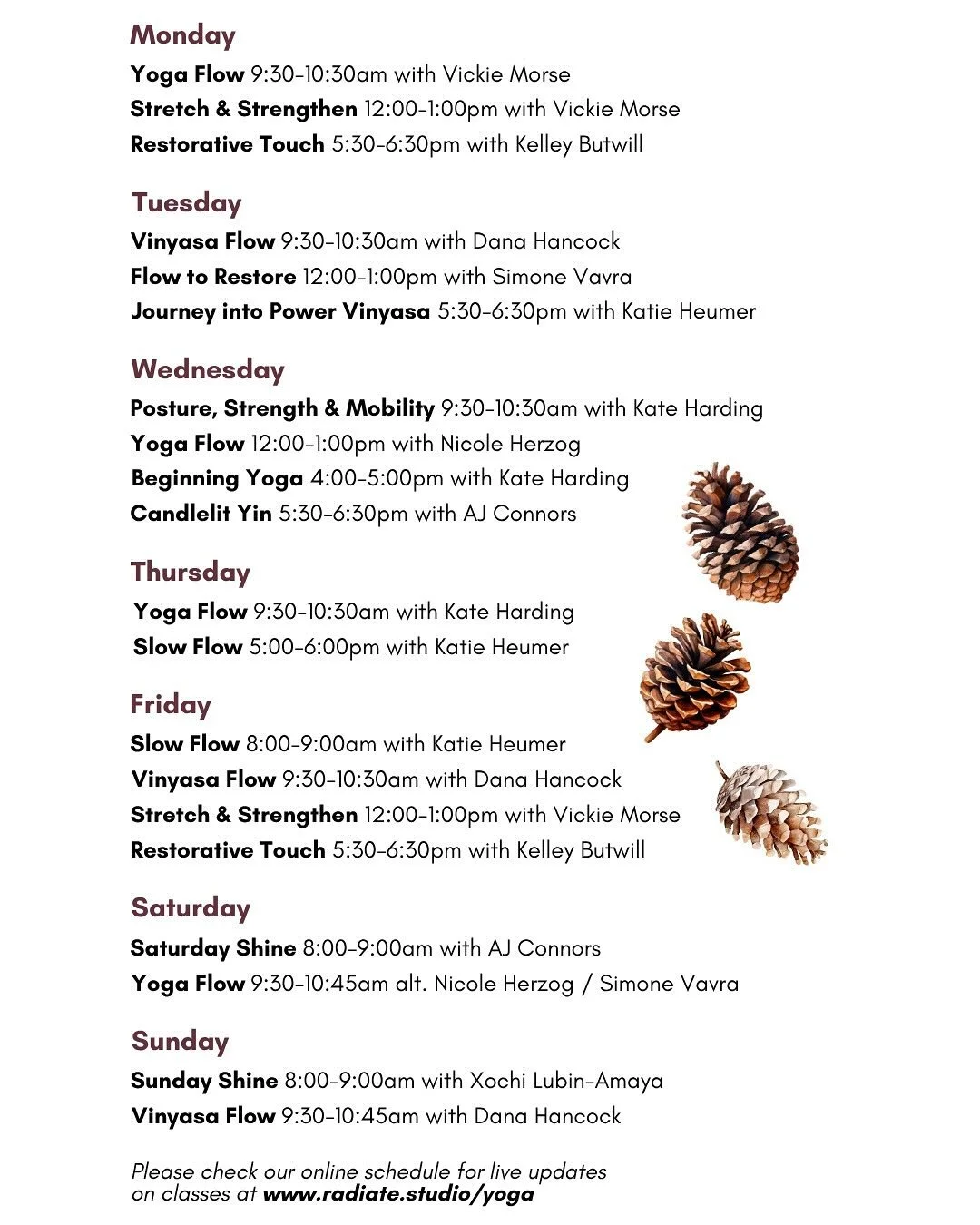 Current weekly schedule 🍂🍁🌲🌞

Register for class at the link 🔗 in bio or visit:
www.radiate.studio/yoga 

Class passes &amp; memberships available ✨
Questions? Email us hello@radiate.studio 

#sebastopolcalifornia #sonomacounty #westcounty #sono