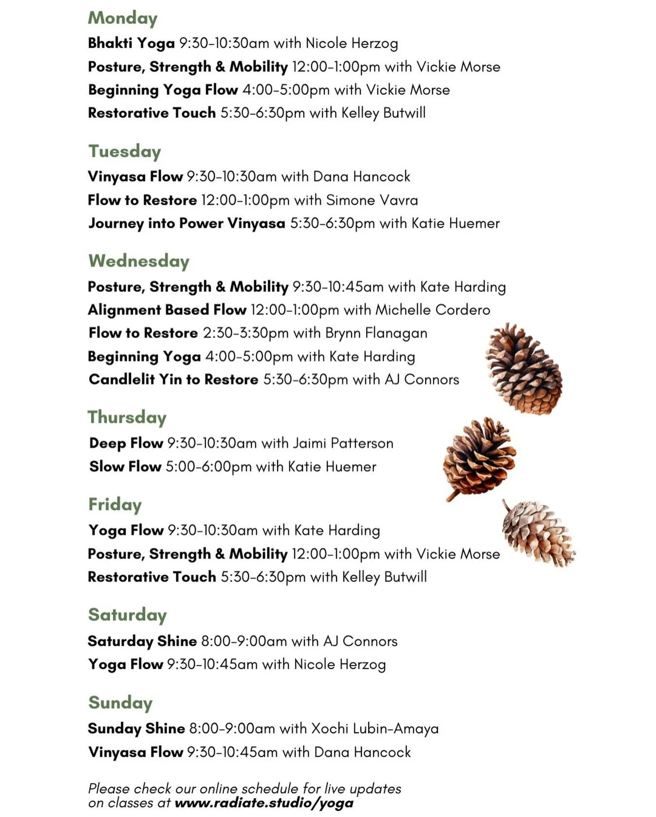Current weekly schedule 🌲🪾❄️🌞

Register for class at the link 🔗 in bio or visit:
www.radiate.studio/yoga 

Class passes &amp; memberships available ✨
Questions? Email us hello@radiate.studio 

#sebastopolcalifornia #sonomacounty #russianrivervall