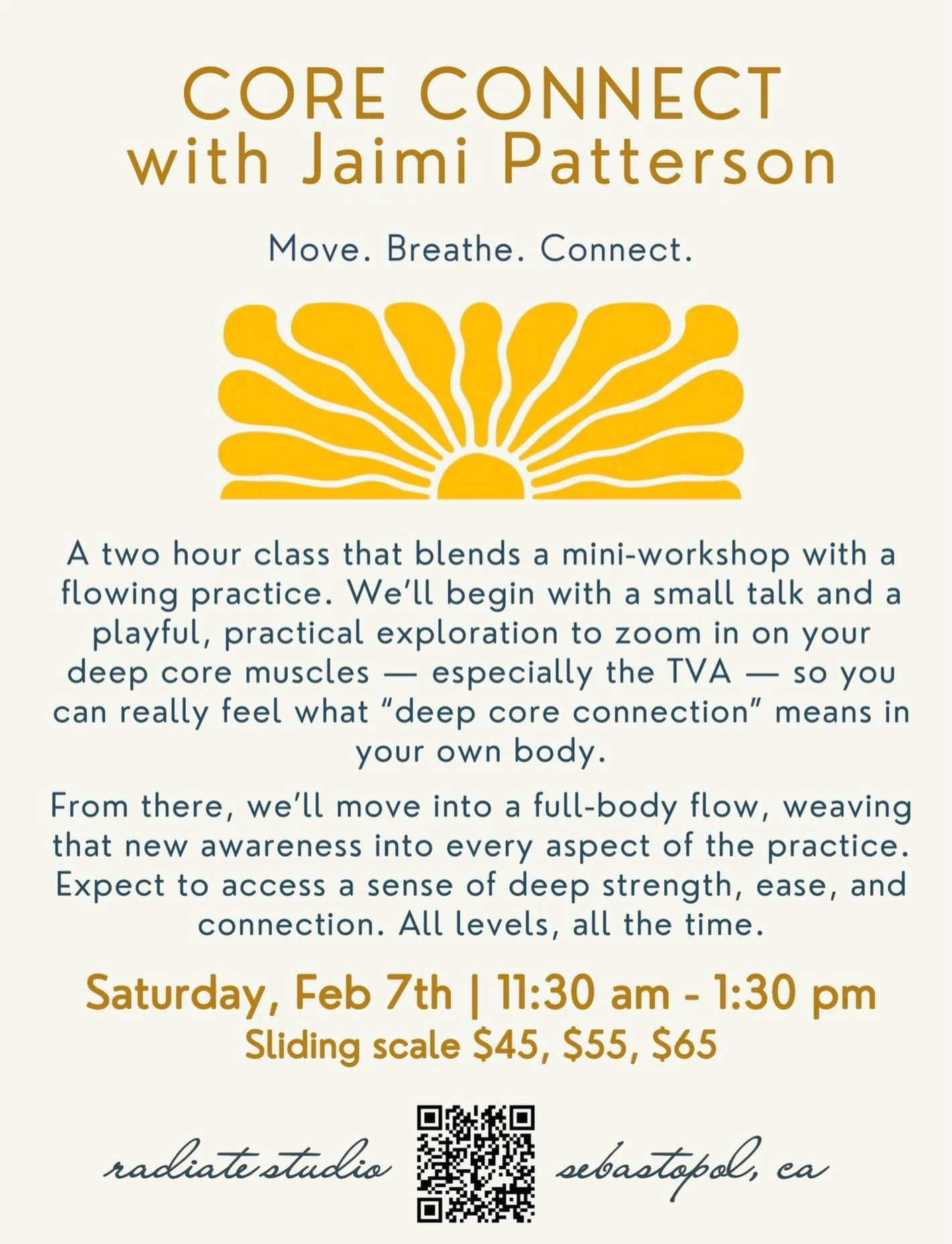 Saturday February 7th with @jaimipatterson 🌻✨ Join Jaimi in this special two hour class that blends a mini-workshop with a flowing practice.  11:30 am - 1:30 pm  Head to the link in our bio or www.radiate.studio/workshops  #sebastopolyoga #yogaworks