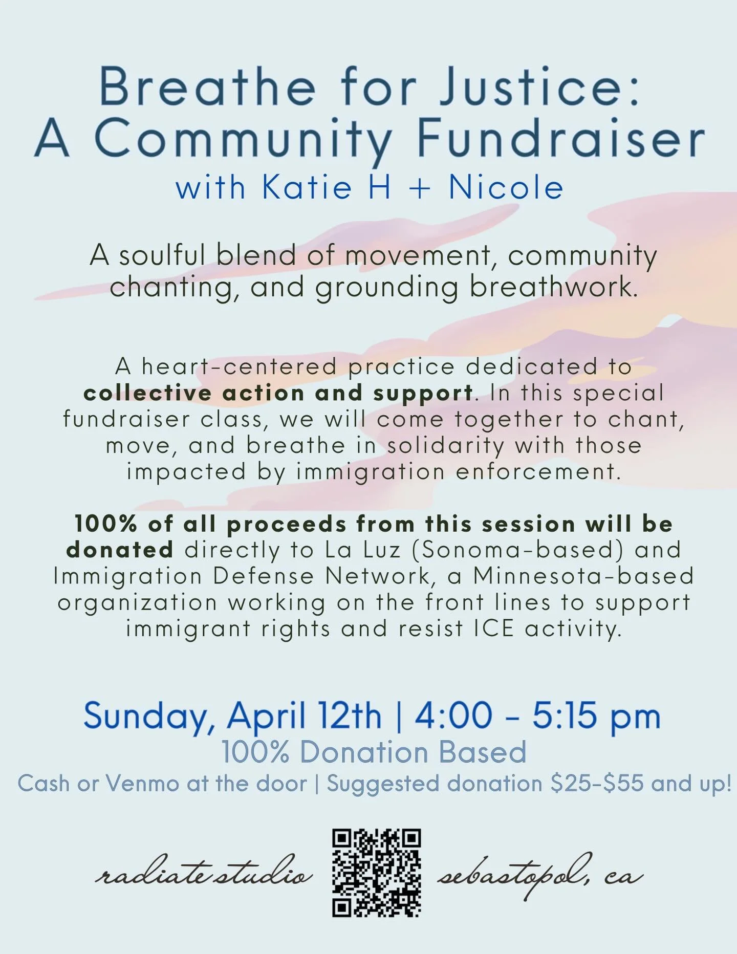 Join Katie and Nicole in a soulful blend of movement, community, chanting, and grounding breathwork.🌸 100% of all proceeds from this session will be donated directly to La Luz (Sonoma-based) and Immigration Defense Network.  #iceout #breatheforjusti