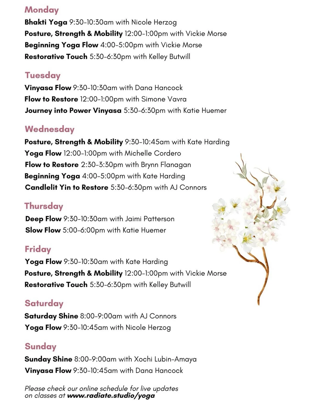 Current weekly schedule 🌸🌱🌞

Register for class at the link 🔗 in bio or visit:
www.radiate.studio/yoga 

Class passes &amp; memberships available ✨
Questions? Email us hello@radiate.studio 

#sebastopolcalifornia #sonomacounty #russianrivervalley