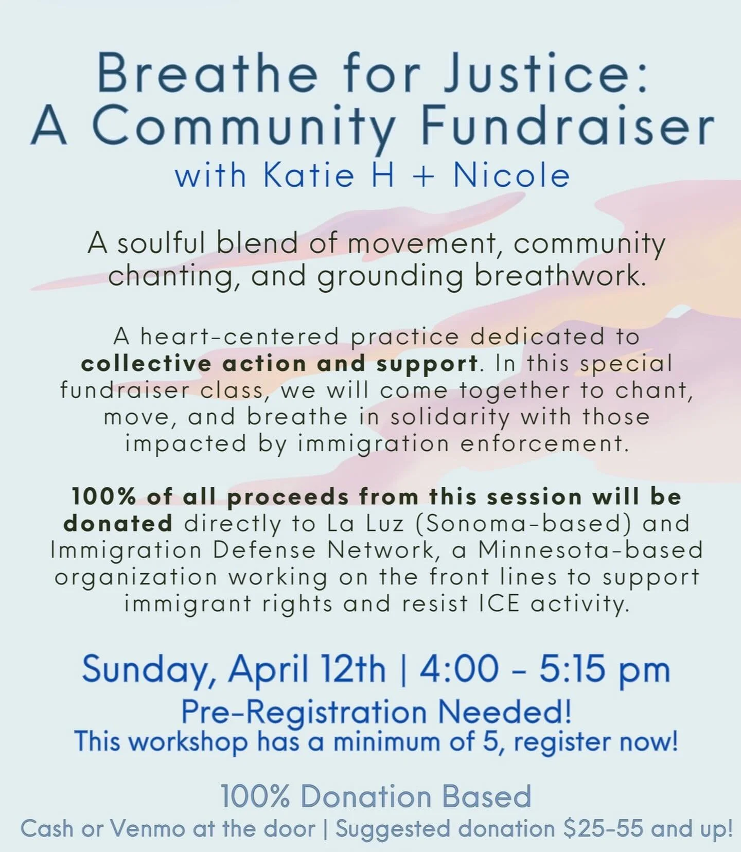 Join Katie @katiehuemer and Nicole @nicole.soulsparkleyoga in a soulful blend of movement, community, chanting, and grounding breathwork.🌸 100% of all proceeds from this session will be donated directly to La Luz (Sonoma-based) and Immigration Defen
