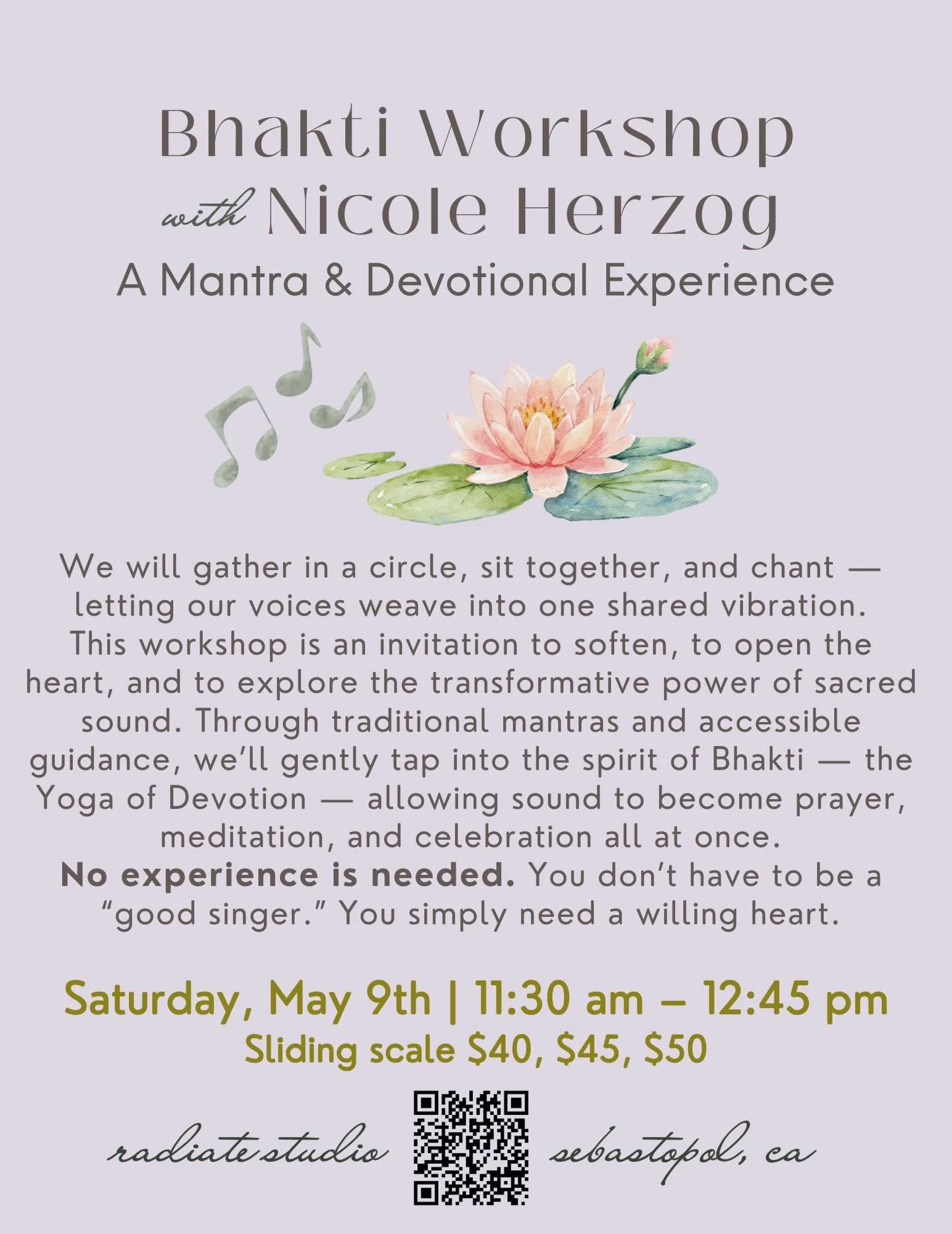 Join Nicole in exploring the transformative power of sacred sound. Saturday May 9th 11:30 am -12:45 pm 🪷💫 Register at the link in our bio or head to www.radiate.studio/workshops  #sacredsound #sebastopolyoga #westcounty #bhaktiyoga #mantra